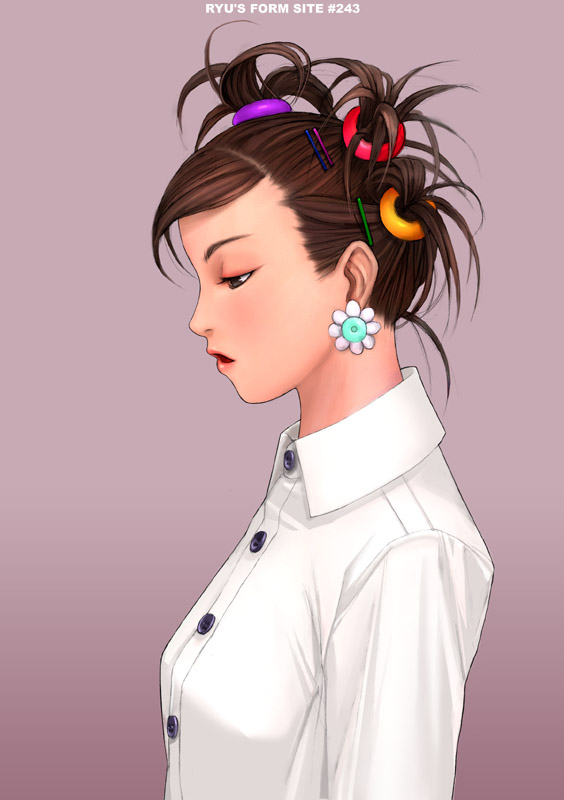 ryu (ryu's form site), 1girl, brown hair, earrings, female focus, gradient background, jewelry, makeup, pinup (portrait), profile, solo, upper body