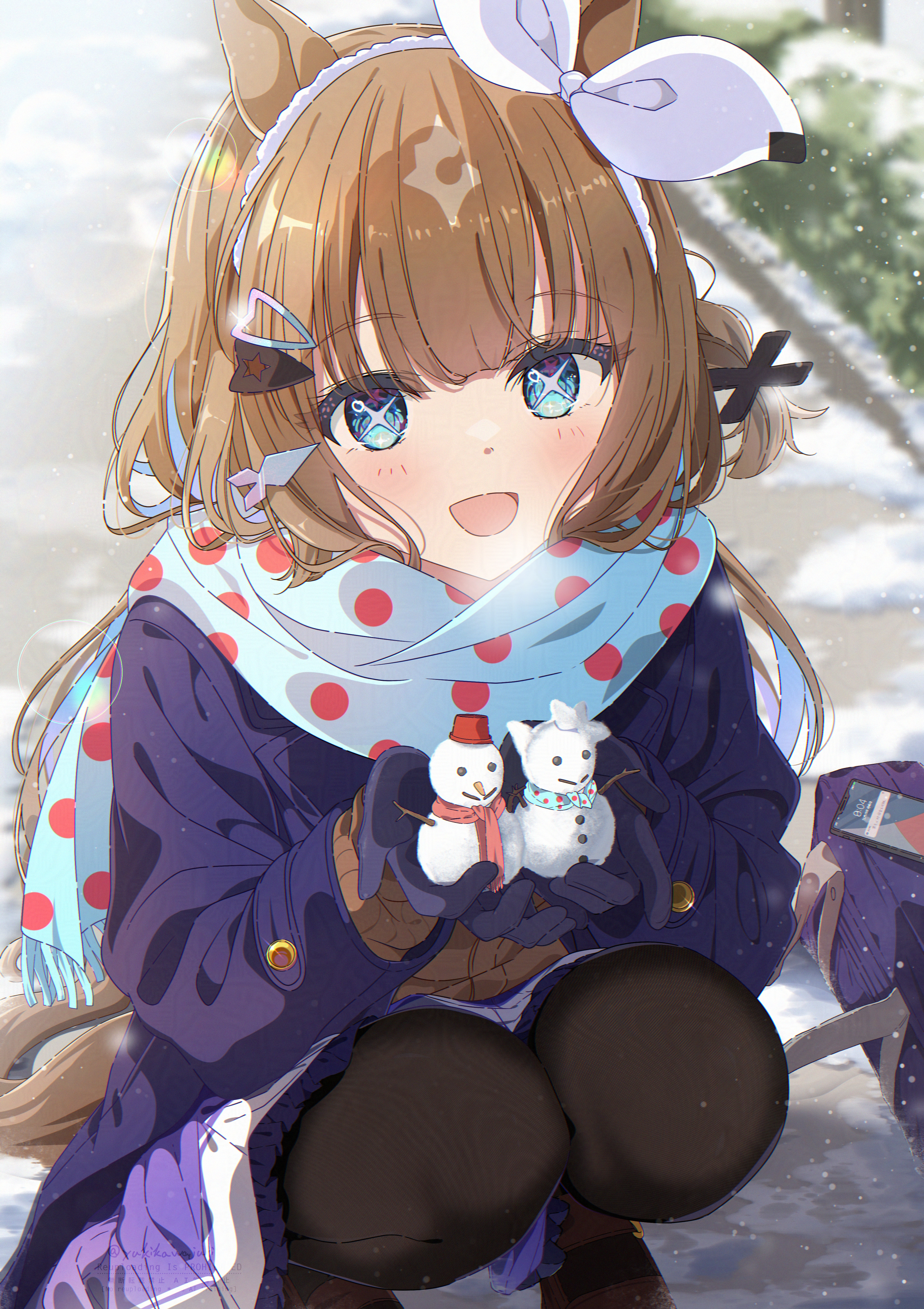 almond eye (umamusume), umamusume, absurdres, commentary request, highres, + +, 1girl, animal ears, bag, black gloves, black pantyhose, blue coat, blue eyes, blue scarf, blush, bow hairband, braid, breasts, breath, brown hair, buttons, coat, colored inner hair, double-breasted, gloves, hair between eyes, hair ornament, hairband, hairclip, holding snowman, horse ears, horse girl, horse tail, long hair, looking at viewer, multicolored hair, open mouth, outdoors, pantyhose, polka dot, polka dot scarf, purple serafuku, purple skirt, scarf, school bag, school uniform, serafuku, skirt, smile, snow, snowman, solo, squatting, symbol-shaped pupils, tail, tracen school uniform, tracen winter coat, white hairband, winter clothes, winter coat, winter uniform, yukikawa juri