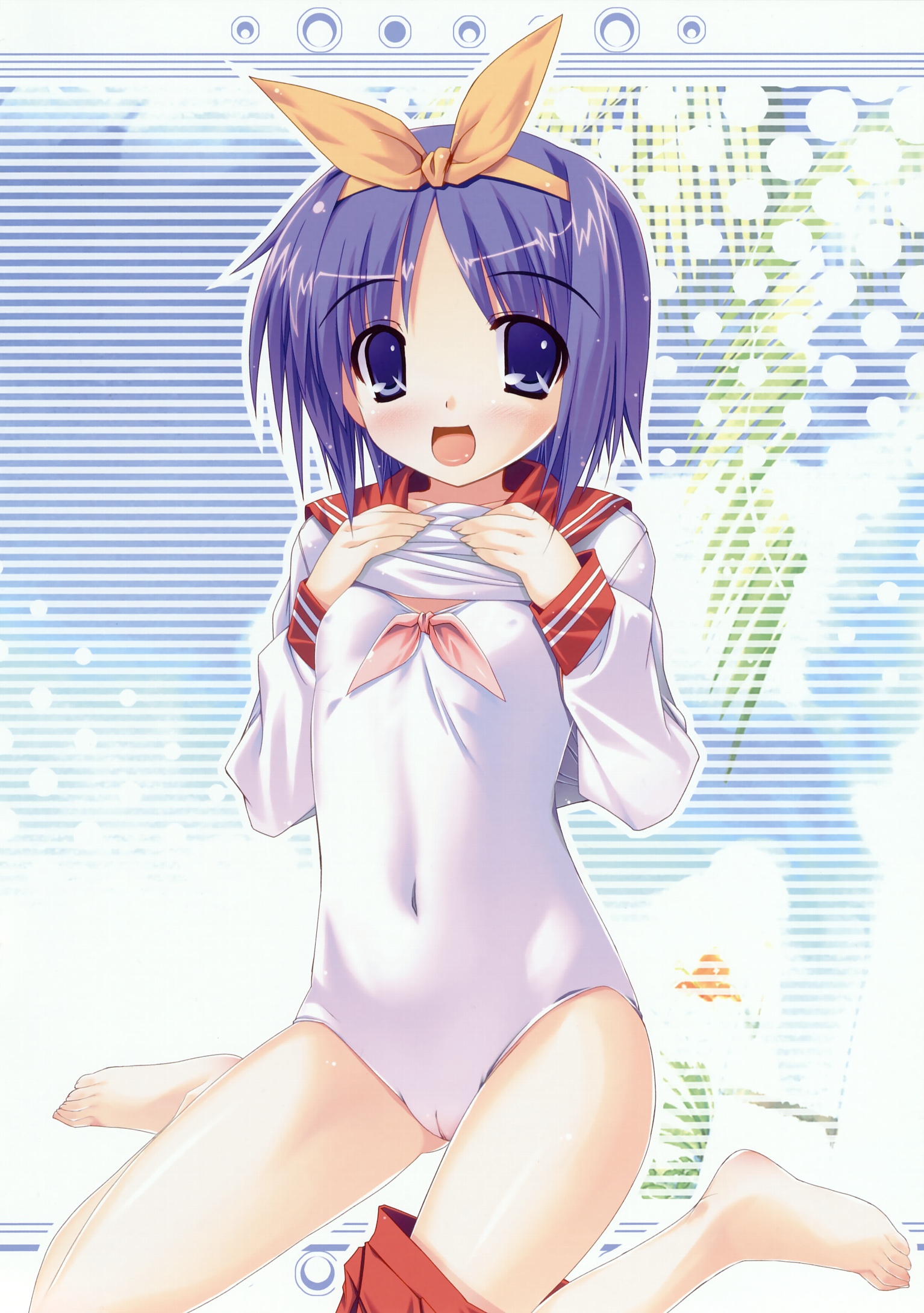 yuki usagi, hiiragi tsukasa, lucky star, artist request, highres, 00s, 1girl, :d, barefoot, blue eyes, bow, cameltoe, clothes lift, feet, female focus, flat chest, hair bow, kneeling, navel, one-piece swimsuit, open mouth, purple hair, ribbon, school uniform, serafuku, shirt lift, short hair, sitting, smile, solo, swimsuit, swimsuit under clothes, toes, undressing, wariza, white one-piece swimsuit