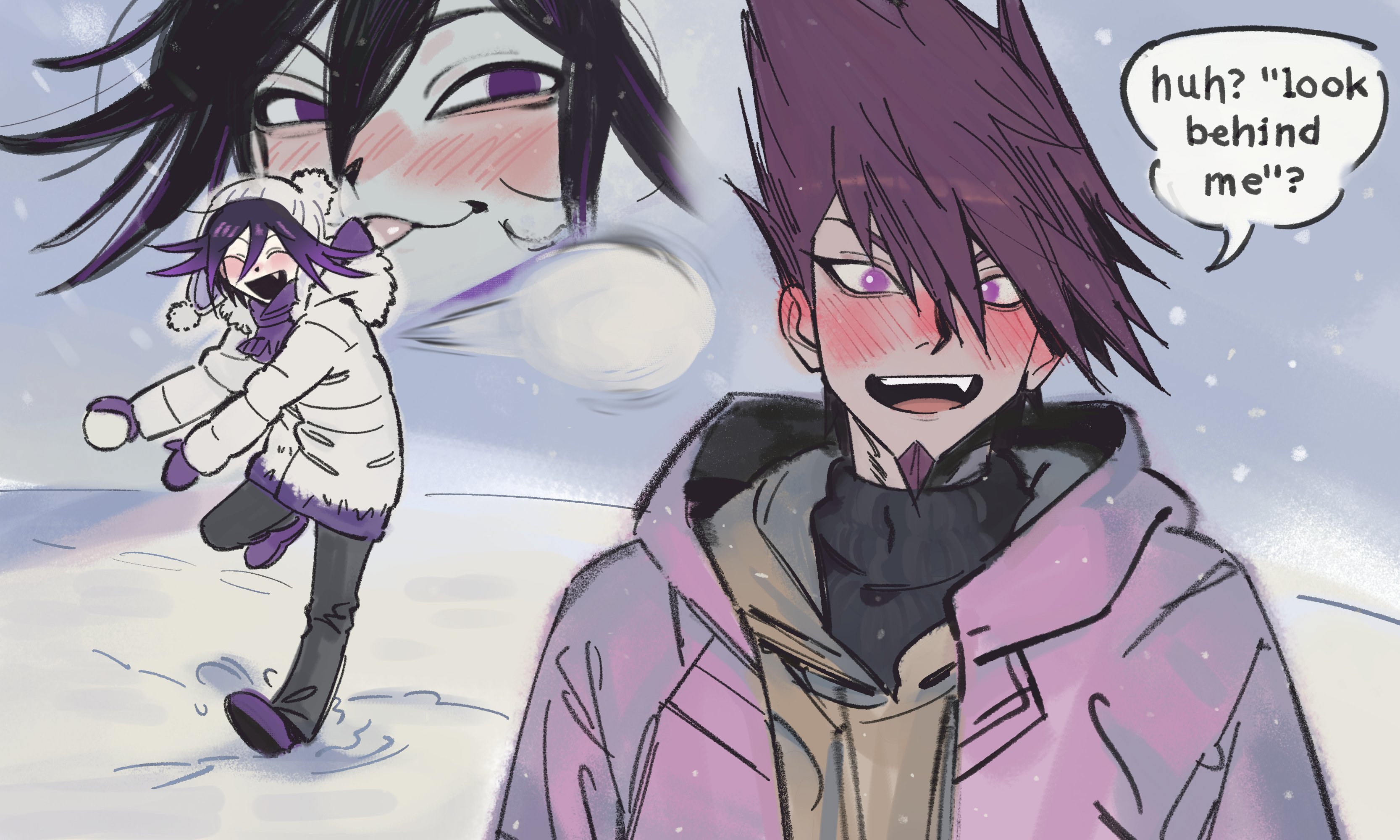 miri (bossu osu), momota kaito, oma kokichi, danganronpa (series), danganronpa v3: killing harmony, absurdres, commentary, english commentary, highres, 2boys, aegyo sal, beanie, black hair, blush, coat, english text, facial hair, flipped hair, goatee, hair between eyes, happy, hat, imminent attack, jacket, long sleeves, looking at viewer, male focus, multiple boys, narrowed eyes, open mouth, outdoors, pants, pom pom (clothes), pom pom beanie, purple eyes, purple facial hair, purple hair, short hair, smirk, snow, snowball, snowing, speech bubble, spiked hair, talking, throwing, tongue, tongue out, winter, winter clothes