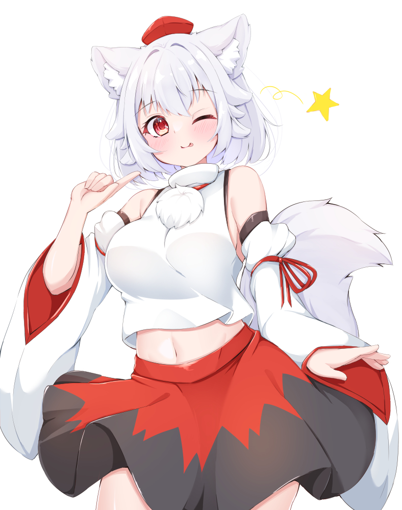 rururiaru, inubashiri momiji, touhou, commentary request, 1girl, ;p, animal ears, black skirt, blush, closed mouth, detached sleeves, hand up, hat, long sleeves, looking at viewer, multicolored skirt, navel, one eye closed, red eyes, red hat, red skirt, shirt, short hair, simple background, skirt, sleeveless, sleeveless shirt, smile, solo, star (symbol), tail, tokin hat, tongue, tongue out, white background, white hair, white shirt, wolf ears, wolf girl, wolf tail