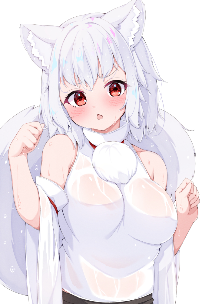 rururiaru, inubashiri momiji, touhou, commentary request, 1girl, animal ears, blush, breasts, detached sleeves, looking at viewer, open mouth, red eyes, shirt, short hair, simple background, sleeveless, sleeveless shirt, solo, tail, wet, white background, white hair, white shirt, white sleeves, wide sleeves, wolf ears, wolf girl, wolf tail