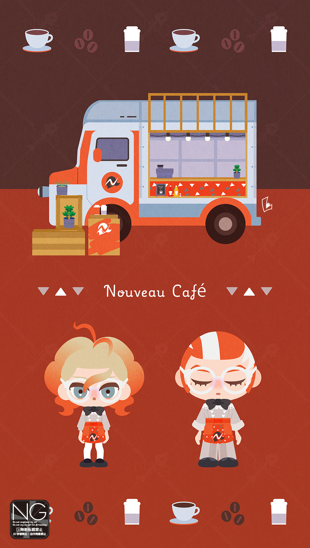 meme (sleepsheep), griselle (pokemon), grisham (pokemon), nintendo, pokemon, pokemon legends: z-a, highres, 1boy, 1girl, apron, black bow, black bowtie, blue eyes, bow, bowtie, closed eyes, coffee beans, coffee mug, cup, disposable coffee cup, disposable cup, food truck, glasses, gradient hair, hair pulled back, looking at viewer, mug, multicolored hair, orange apron, orange hair, ponytail, print apron, red apron, red hair, saucer, shirt, split ponytail, two-tone hair, waist apron, white-framed eyewear, white hair, white shirt