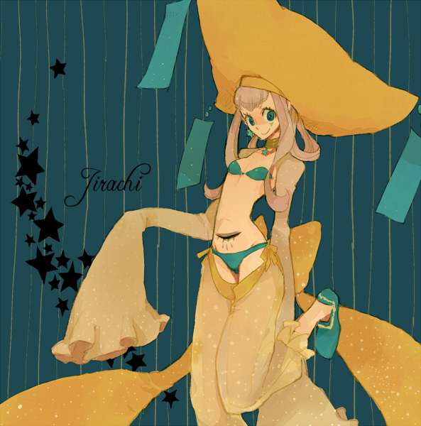 l hakase, jirachi, nintendo, pokemon, bad id, bad pixiv id, 00s, 1girl, aqua bikini, aqua eyes, bikini, character name, costume, female focus, gen 3 pokemon, hat, legendary pokemon, long hair, long sleeves, mythical pokemon, personification, pink hair, solo, swimsuit, third eye