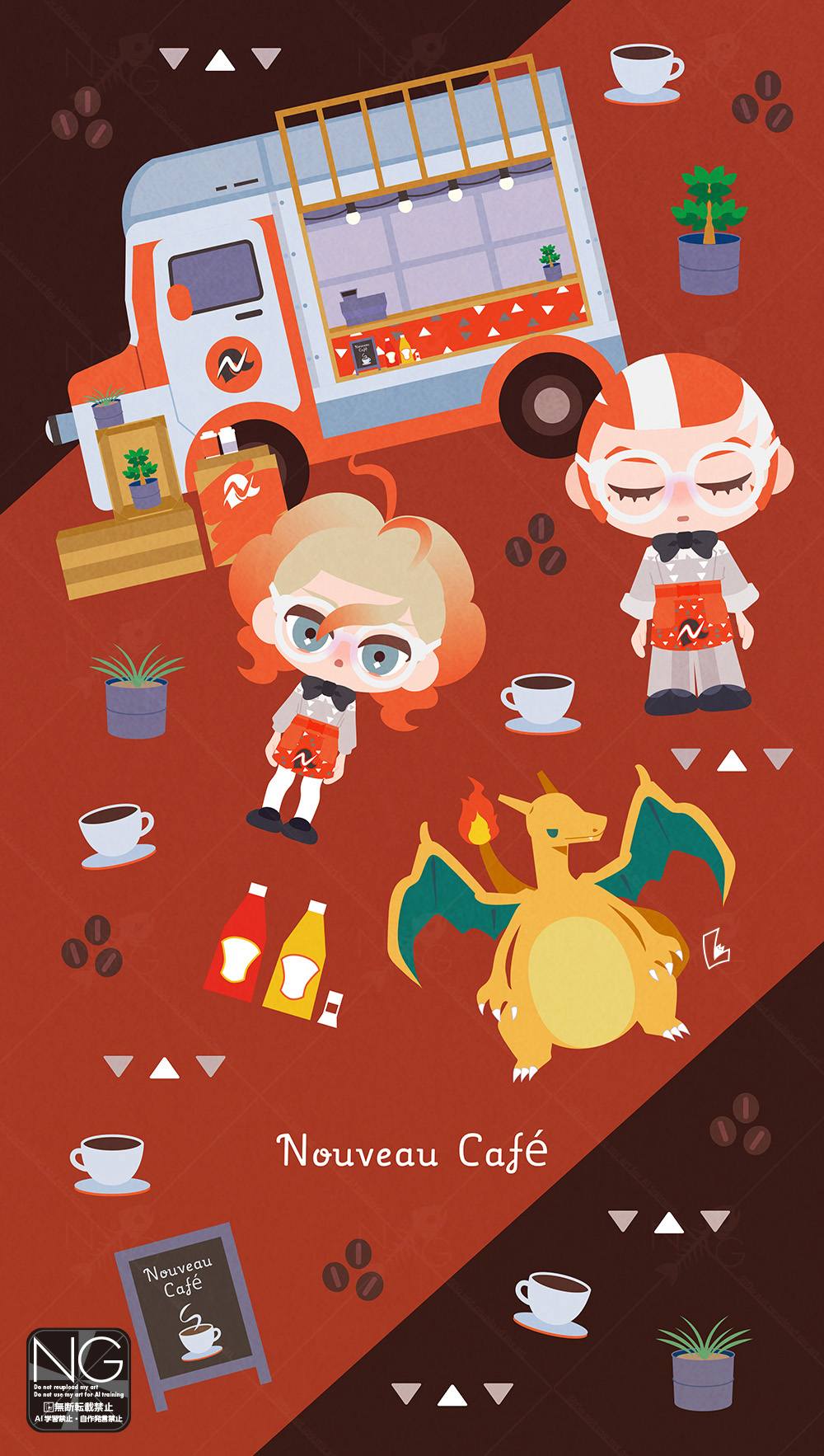 meme (sleepsheep), charizard, griselle (pokemon), grisham (pokemon), nintendo, pokemon, pokemon legends: z-a, highres, 1boy, 1girl, apron, black bow, black bowtie, blue eyes, bow, bowtie, chalkboard, claws, closed eyes, coffee beans, coffee mug, cup, disposable coffee cup, disposable cup, dragon, fire, flame-tipped tail, food truck, gen 1 pokemon, glasses, gradient hair, hair pulled back, ketchup, ketchup bottle, looking at viewer, mug, multicolored hair, mustard, mustard bottle, orange apron, orange hair, plant, pokemon (creature), ponytail, potted plant, print apron, red apron, red hair, saucer, shirt, split ponytail, tail, two-tone hair, waist apron, white-framed eyewear, white hair, white shirt, wings