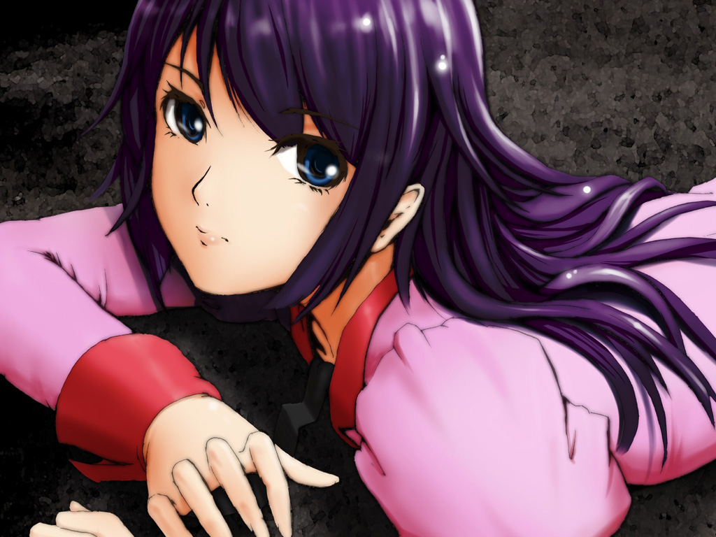 kgo, senjougahara hitagi, bakemonogatari, monogatari (series), 00s, blue eyes, long hair, necktie, purple hair, school uniform, solo