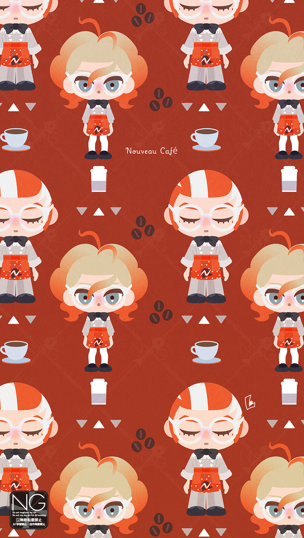 meme (sleepsheep), griselle (pokemon), grisham (pokemon), nintendo, pokemon, pokemon legends: z-a, highres, 1boy, 1girl, apron, black bow, black bowtie, blue eyes, bow, bowtie, closed eyes, coffee mug, cup, disposable coffee cup, disposable cup, glasses, gradient hair, hair pulled back, looking at viewer, mug, multicolored hair, orange apron, orange hair, ponytail, print apron, red apron, red hair, saucer, shirt, split ponytail, two-tone hair, waist apron, white-framed eyewear, white hair, white shirt