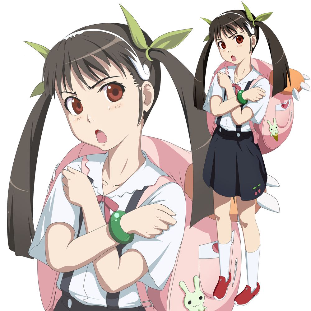 chokotto, hachikuji mayoi, bakemonogatari, monogatari (series), 00s, backpack, bag, blush, bracelet, brown hair, fang, hair ribbon, hairband, jewelry, randoseru, red eyes, ribbon, school uniform, shoes, solo, stuffed animal, stuffed toy, twintails, zoom layer