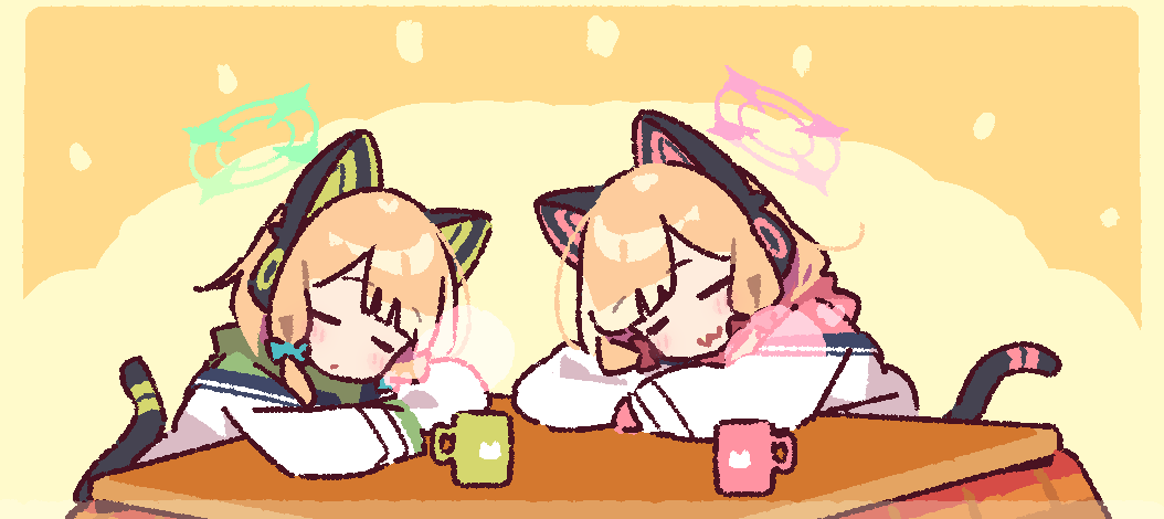 yoru nai, midori (blue archive), momoi (blue archive), blue archive, commentary request, 2girls, :3, animal ear headphones, animal ears, blonde hair, blunt bangs, blush, cat ear headphones, cat ears, cat tail, closed eyes, closed mouth, cup, fake animal ears, green halo, halo, headphones, kotatsu, long sleeves, mechanical tail, multiple girls, parted bangs, pink halo, shirt, short hair, table, tail, white shirt, yellow background
