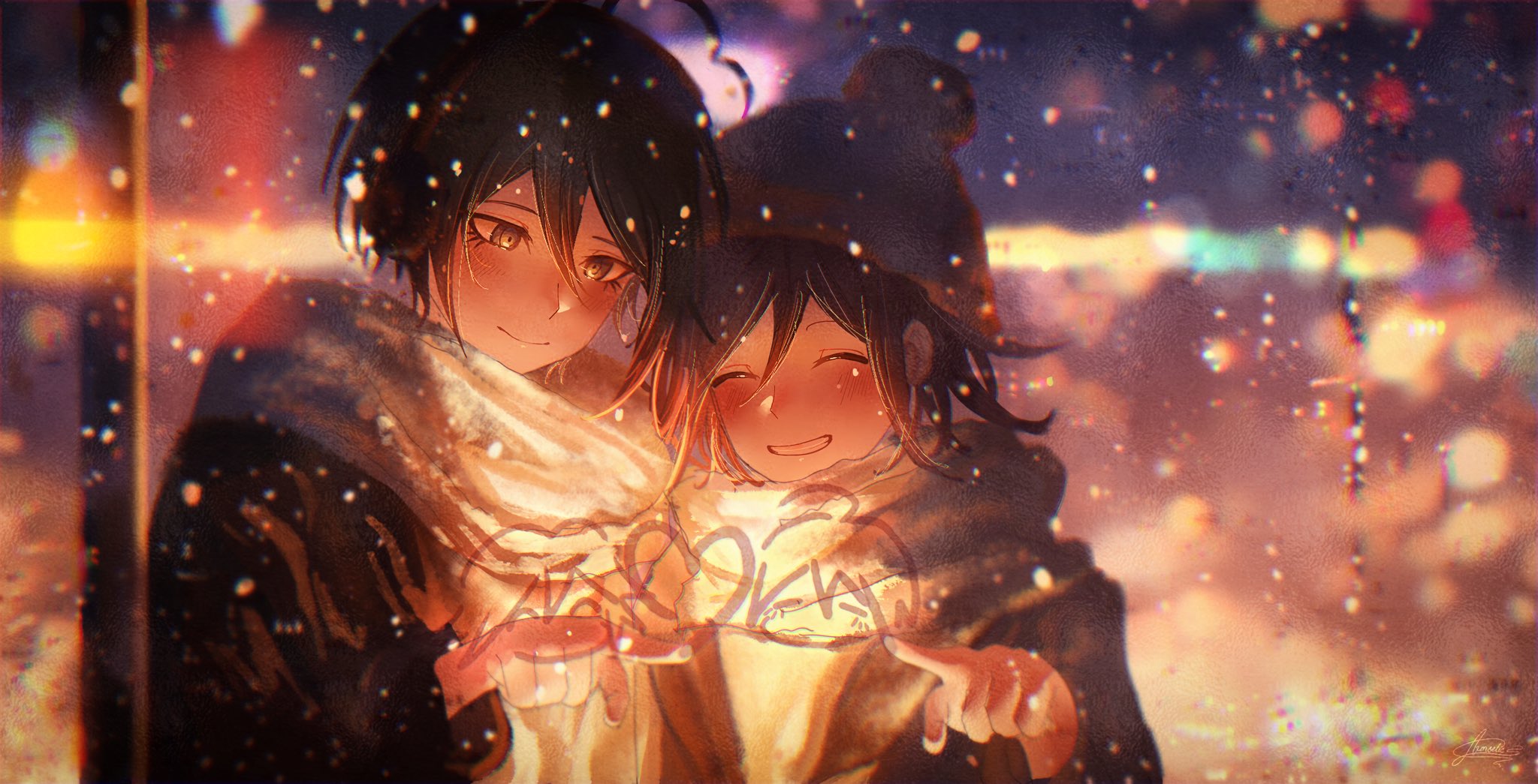 auni, oma kokichi, saihara shuichi, danganronpa (series), danganronpa v3: killing harmony, commentary, english commentary, highres, 2boys, ahoge, beanie, black hair, blush, city lights, closed eyes, eyelashes, flipped hair, glass writing, grin, hair between eyes, happy, hat, heart, long sleeves, male focus, multiple boys, night, pom pom (clothes), pom pom beanie, purple hair, scarf, shared clothes, shared scarf, short hair, smile, snowing, upper body, white scarf, winter, winter clothes, yaoi, yellow eyes