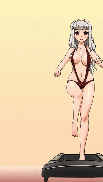 zanzi, shijou takane, fight ippatsu! juuden-chan!!, idolmaster, idolmaster (classic), idolmaster sp, silver hair, animated, animated gif, 1girl, barefoot, blunt bangs, blush, bouncing breasts, breasts, exercising, feet, female focus, hairband, large breasts, legs, long hair, lowleg, navel, open mouth, parody, red eyes, running, shiny clothes, shiny skin, sideboob, simple background, slingshot swimsuit, solo, swimsuit, thigh gap, treadmill