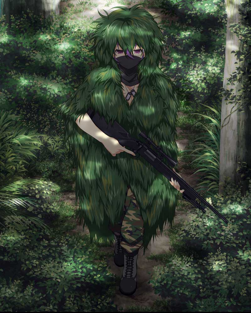 kuroudo (senran kagura), senran kagura, senran kagura new wave, official art, 1girl, black mask, boots, border, breasts, camouflage, camouflage pants, card (medium), cleavage, dappled sunlight, dog tags, english text, forest, ghillie suit, grass, gun, holding, holding gun, holding weapon, kunai hair ornament, large breasts, looking at viewer, mask, medium hair, messy hair, military, mouth mask, nature, official alternate costume, pants, purple eyes, purple hair, rifle, scope, sniper rifle, solo, sunlight, tree, weapon
