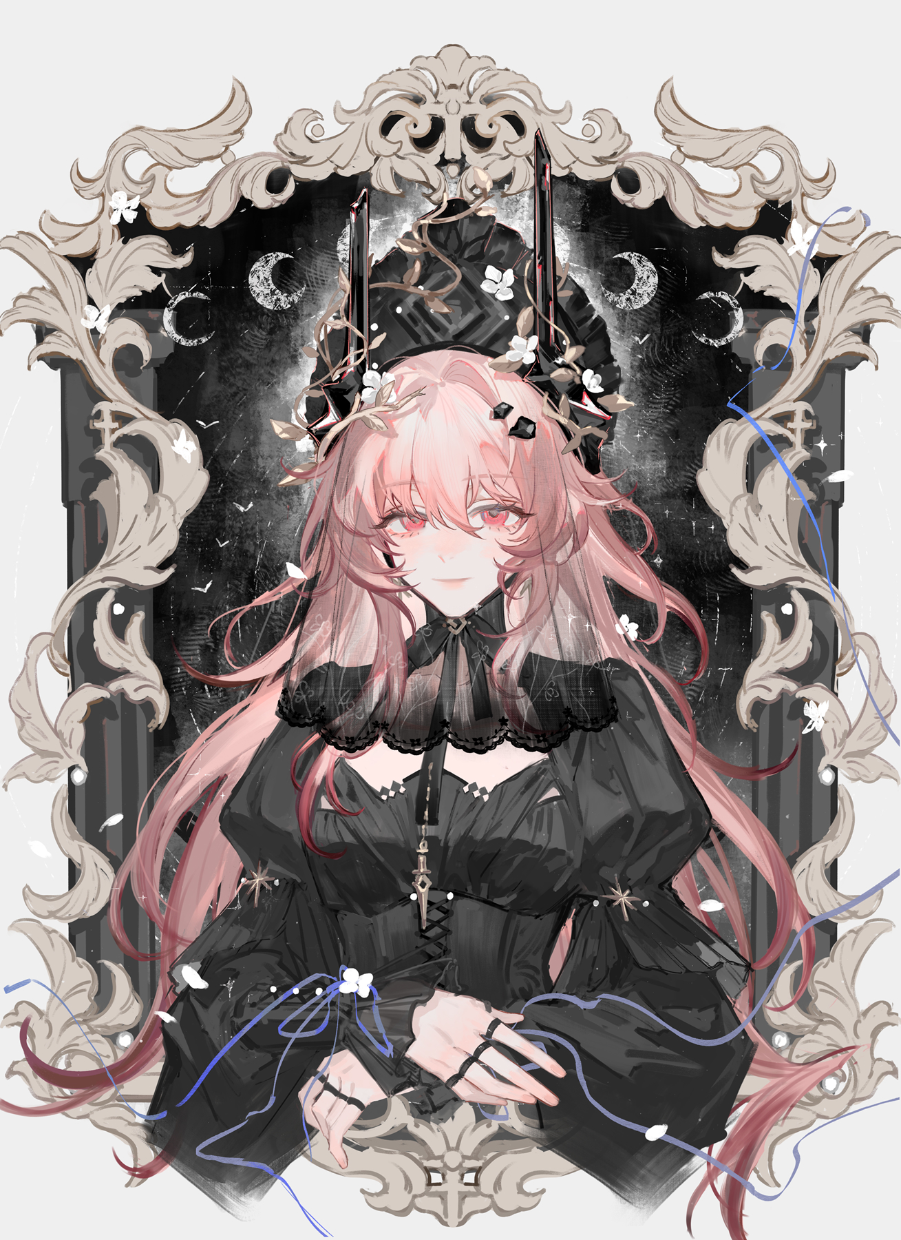 till-valhalla, theresa (arknights), arknights, chinese commentary, commentary request, highres, 1girl, black dress, black horns, black ribbon, border, closed mouth, crescent, dress, flower, funeral dress, goth fashion, hair between eyes, horn flower, horns, jewelry, juliet sleeves, long hair, long sleeves, looking at viewer, multiple rings, ornate border, pink eyes, pink hair, puffy sleeves, ribbon, ring, ring on every finger, solo, theresa (condolence) (arknights)