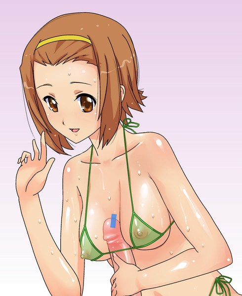 mine (peak), tainaka ritsu, k-on!, eyebrows, 00s, 1girl, bar censor, bare shoulders, bikini, breasts, brown eyes, brown hair, censored, collarbone, gradient background, green bikini, hairband, hand up, leaning forward, medium breasts, nipples, open mouth, paizuri, paizuri under clothes, penis, pointless censoring, see-through clothes, shiny skin, short hair, side-tie bikini bottom, simple background, solo focus, sweat, swimsuit, wet