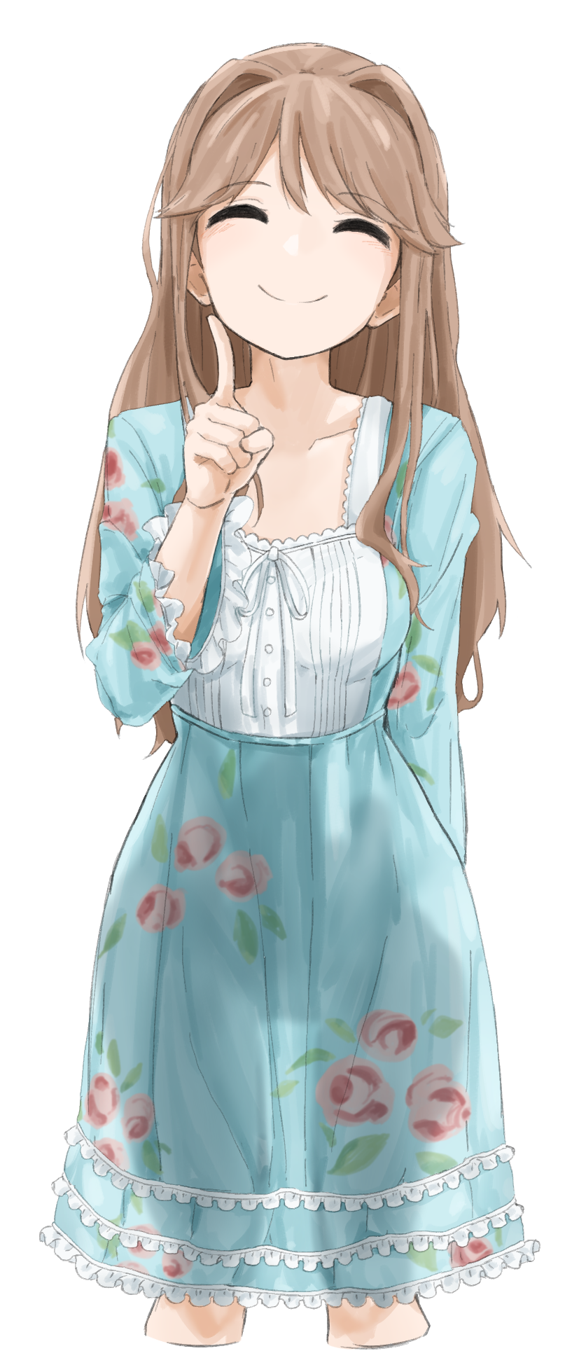 jinoyou, tenkuubashi tomoka, idolmaster, idolmaster million live!, highres, 1girl, blue dress, breasts, brown hair, closed eyes, closed mouth, cropped legs, dress, facing viewer, floral print, floral print dress, hair intakes, hand up, index finger raised, long hair, print dress, see-through clothes, see-through dress, simple background, smile, solo, standing, white background