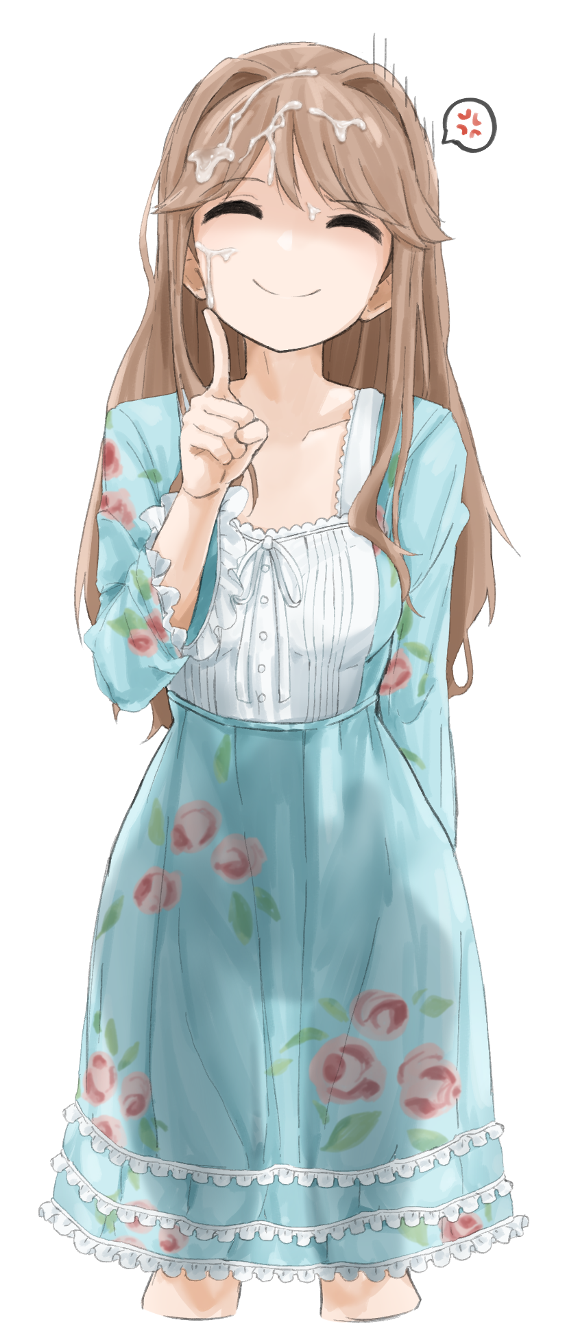 jinoyou, tenkuubashi tomoka, idolmaster, idolmaster million live!, highres, 1girl, anger vein, blue dress, breasts, brown hair, closed eyes, closed mouth, cropped legs, cum, cum on body, cum on hair, dress, facial, facing viewer, false smile, floral print, floral print dress, hair intakes, hand up, index finger raised, long hair, print dress, see-through clothes, see-through dress, shaded face, simple background, smile, solo, spoken anger vein, standing, white background