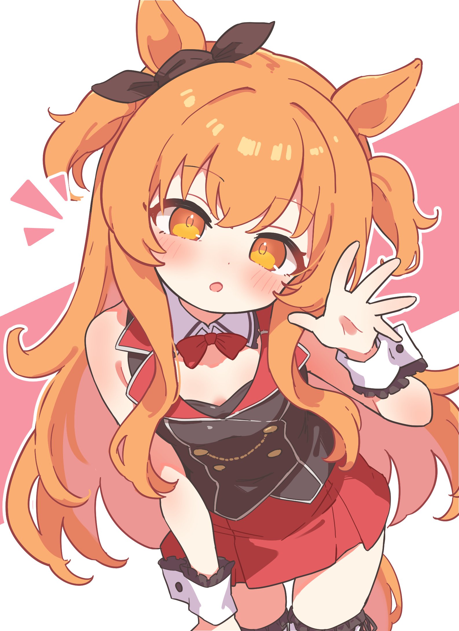 rotasu (rotasqqfv), kana (bunny garden), mayano top gun (umamusume), bunny garden, umamusume, commentary, highres, 1girl, animal ears, black vest, blush, bow, bowtie, breasts, brown ribbon, buttons, collared vest, colored lapels, cosplay, cowboy shot, detached collar, double-breasted, ear ribbon, frilled thighhighs, frills, horse ears, horse girl, horse tail, hoshitani mio, hostess, kana (bunny garden) (cosplay), lapels, long hair, looking at viewer, nontraditional playboy bunny, open mouth, orange eyes, orange hair, orange tail, outline, red background, red bow, red bowtie, red skirt, ribbon, shirt, skirt, small breasts, solo, tail, thighhighs, two-tone background, two side up, vest, voice actor connection, waving, white background, white outline, white thighhighs, white wrist cuffs, wrist cuffs