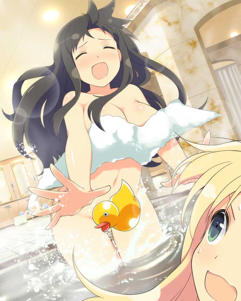 ayame (senran kagura), katsuragi (senran kagura), senran kagura, senran kagura new wave, official art, 2girls, :d, ^ ^, bathhouse, bathing, bathroom, black hair, blonde hair, border, breasts, brown hair, cabinet, card (medium), character name, cleavage, closed eyes, convenient censoring, english text, green eyes, hair ribbon, large breasts, long hair, multiple girls, official alternate costume, open mouth, red eyes, red ribbon, ribbon, rubber duck, same-sex bathing, shared bathing, smile, solo focus, steam, surprised, tile floor, tiles, towel