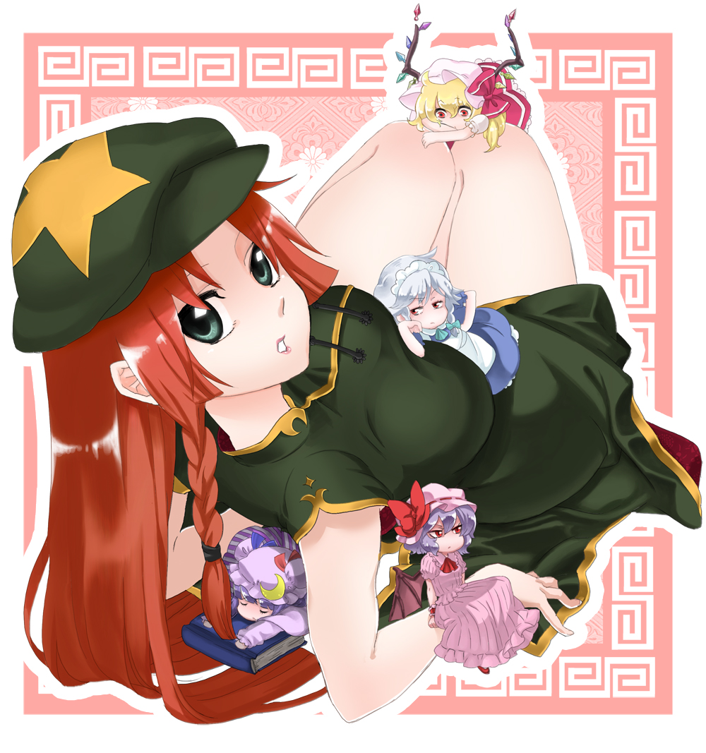 ituka, notsuki miko, flandre scarlet, hong meiling, izayoi sakuya, patchouli knowledge, remilia scarlet, embodiment of scarlet devil, touhou, silver hair, 5girls, bat wings, blonde hair, book, braid, china dress, chinese clothes, dress, female focus, hat, long hair, mini person, minigirl, multiple girls, ponytail, purple hair, red eyes, red hair, short hair, side ponytail, sleeping, twin braids, wings