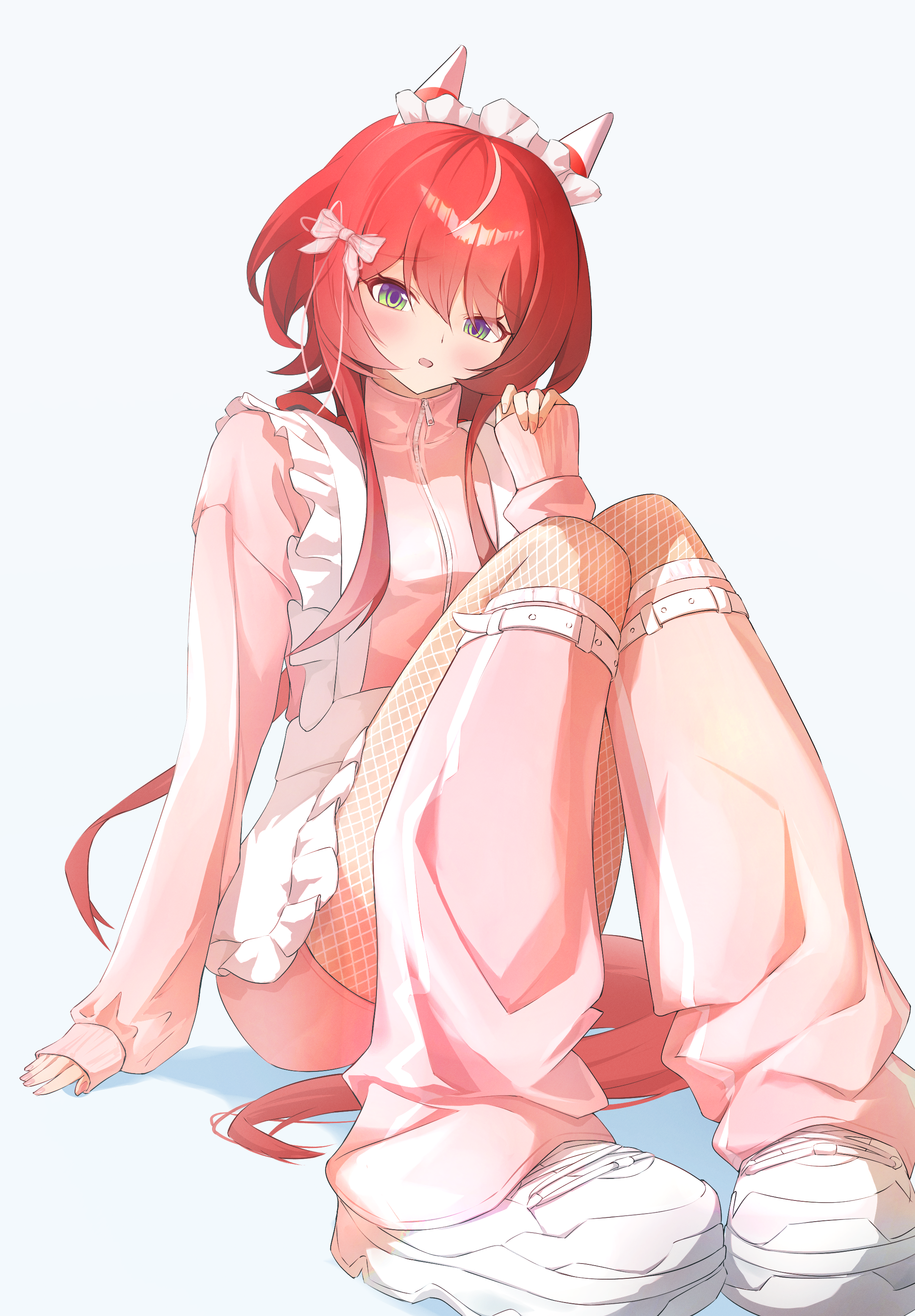 pilinthia, win variation (umamusume), umamusume, absurdres, commentary request, highres, 1girl, alternate costume, animal ears, apron, blush, breasts, ear covers, ear ornament, feather hair ornament, feathers, fishnet pantyhose, fishnets, frilled apron, frills, green eyes, hair between eyes, hair ornament, horse ears, horse girl, horse tail, jacket, jersey maid, leg warmers, long hair, looking at viewer, loose socks, low twintails, maid, maid apron, maid headdress, pantyhose, parted lips, pink jacket, red hair, shoes, simple background, sitting, small breasts, socks, solo, tail, tracen training uniform, track jacket, twintails, unconventional maid, waist apron, white apron, white headdress, white pantyhose