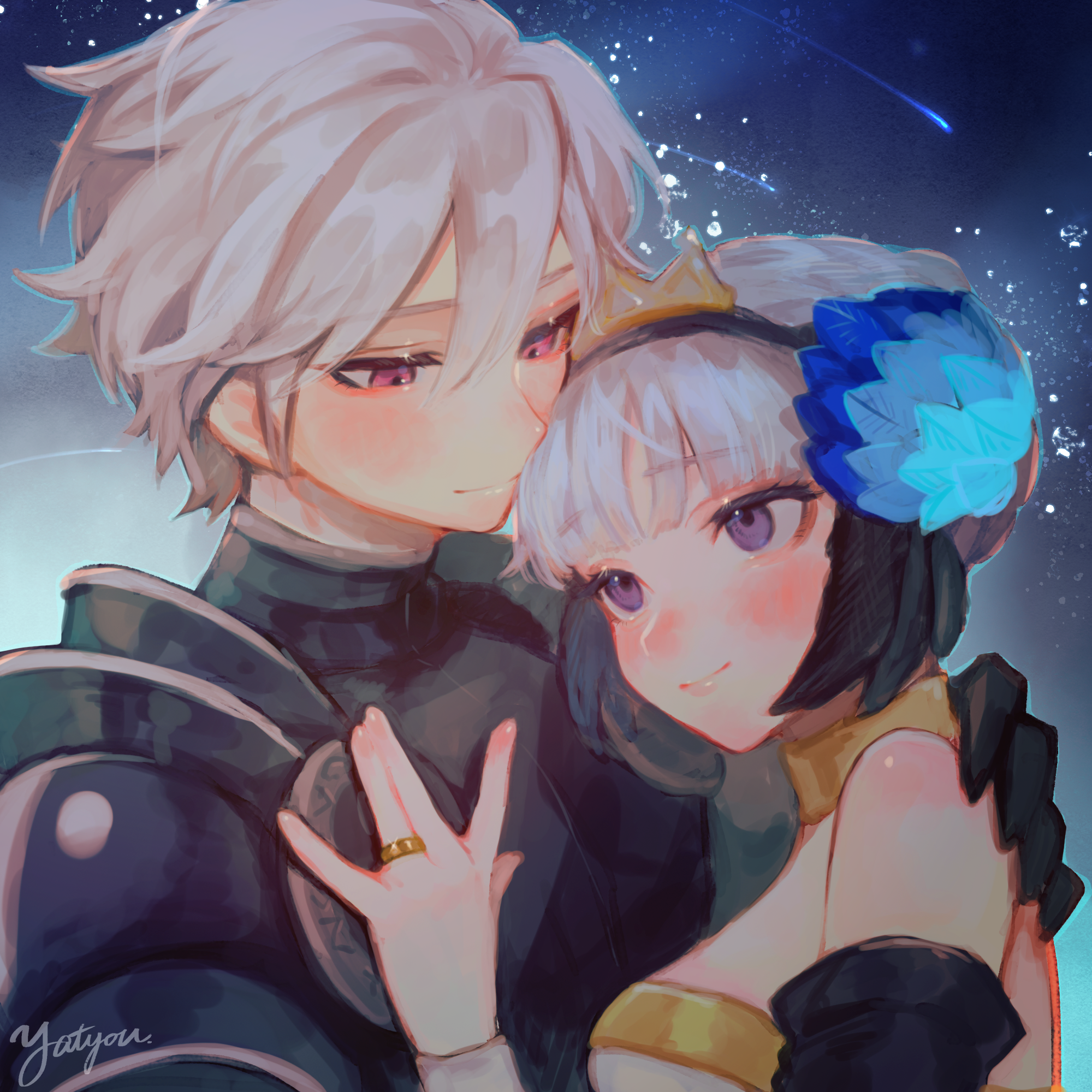 yatyou6666, gwendolyn (odin sphere), odin sphere, commentary, highres, 1boy, 1girl, arm around shoulder, armor, armored dress, bare shoulders, black armor, blush, breasts, choker, couple, crown, dress, grey hair, hair between eyes, hand on another's chest, head wings, hetero, hug, jewelry, long hair, night, night sky, oswald (odin sphere), purple eyes, red eyes, ring, shooting star, short hair, signature, sky, smile, star (sky), starry sky, strapless, strapless dress, upper body, valkyrie, white hair, wings
