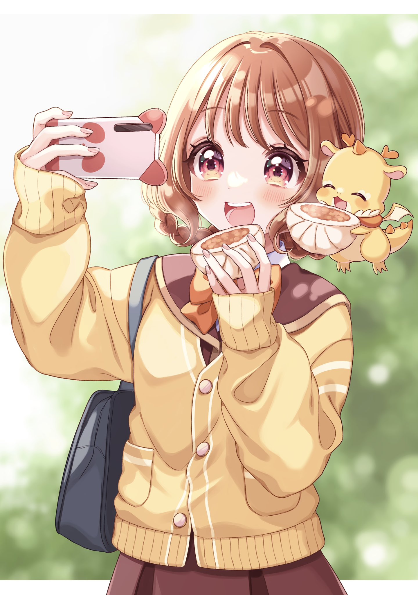 kuzumochi (hgnon82), hanamichi ran, mem-mem (precure), delicious party precure, precure, commentary request, highres, 1girl, :d, ^ ^, bag, blurry, blurry background, blush, bow, bowtie, braid, braided hair rings, brown hair, brown sailor collar, brown skirt, buttons, cardigan, cellphone, closed eyes, cowboy shot, hair rings, holding, holding phone, letterboxed, long sleeves, open mouth, orange bow, orange bowtie, outside border, phone, pleated skirt, red eyes, sailor collar, school bag, school uniform, serafuku, short hair, skirt, sleeves past wrists, smartphone, smile, teeth, upper teeth only, yellow cardigan