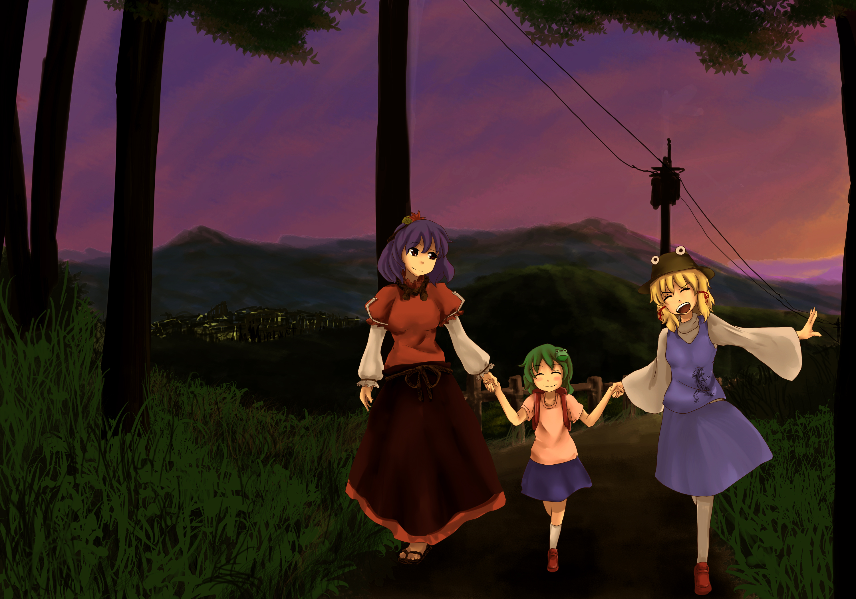 you (pixiv249955), you (shimizu), kochiya sanae, moriya suwako, yasaka kanako, touhou, bad id, bad pixiv id, highres, 3girls, aged down, child, female focus, multiple girls