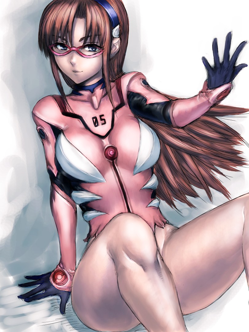 fumio (rsqkr), makinami mari illustrious, evangelion: 2.0 you can (not) advance, neon genesis evangelion, rebuild of evangelion, 00s, 1girl, blue eyes, bodysuit, bottomless, brown hair, female focus, glasses, long hair, mecha pilot suit, no panties, plugsuit (evangelion), sketch, solo