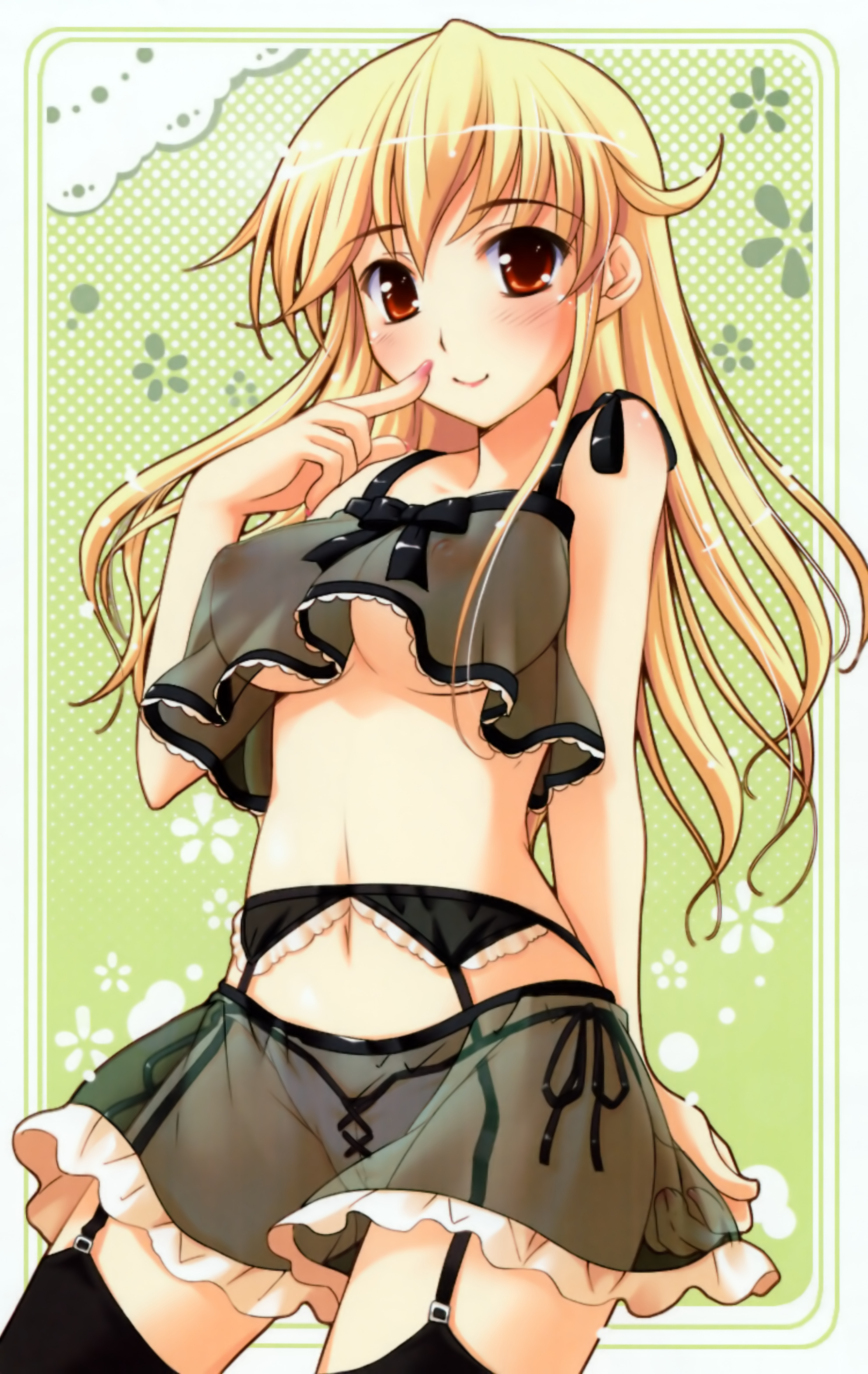 ko~cha, shelley maycraft, shukufuku no campanella, absurdres, highres, 1girl, black thighhighs, blonde hair, blush, breasts, camisole, female focus, garter belt, long hair, mature female, medium breasts, nipples, panties, pussy, pussy peek, red eyes, see-through clothes, see-through shirt, see-through skirt, shirt, side-tie panties, skirt, smile, solo, thighhighs, underboob, underwear, white panties