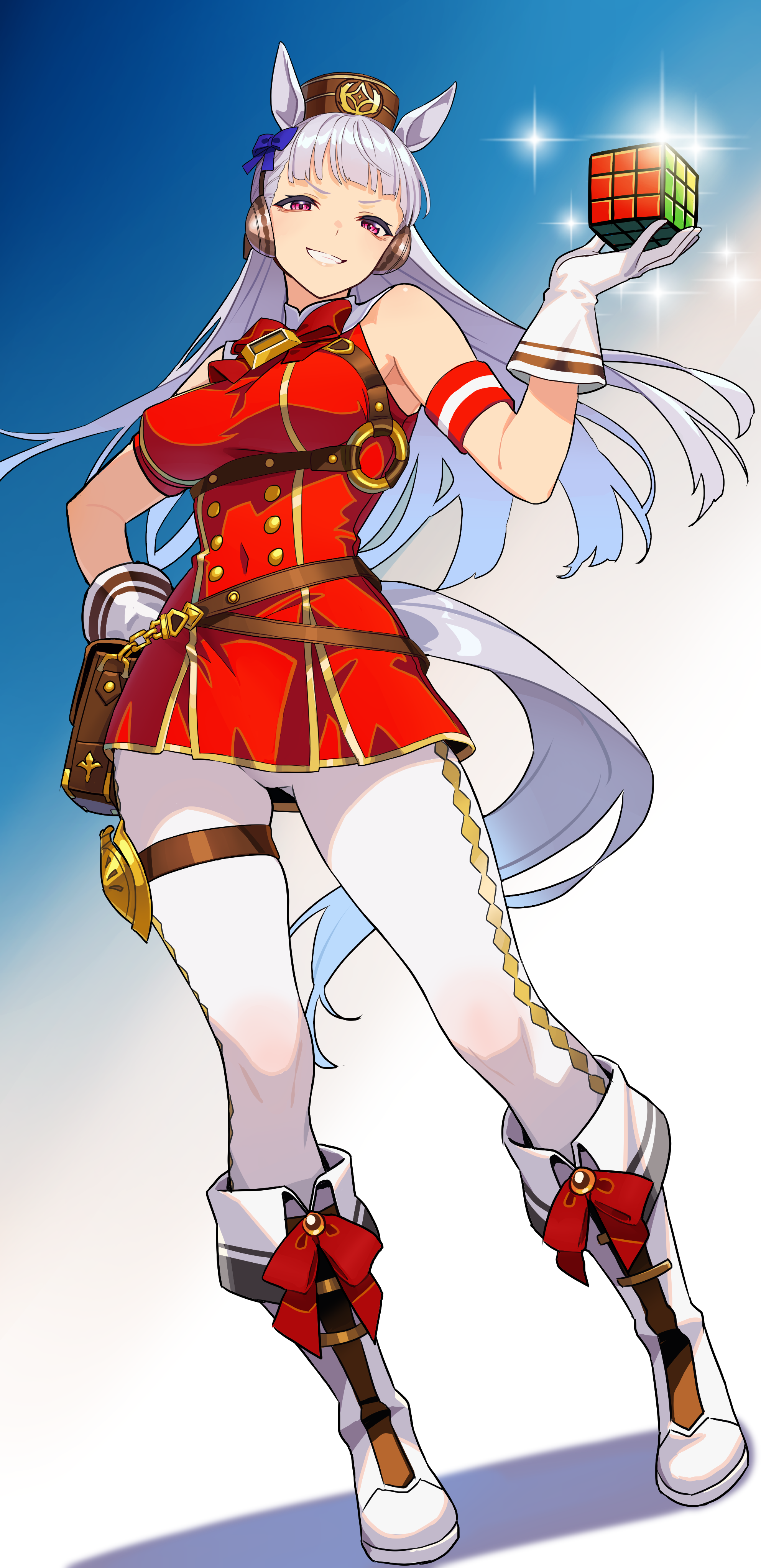 reibun (raven1119), gold ship (red strife) (umamusume), gold ship (umamusume), umamusume, absurdres, commentary request, highres, psd available, 1girl, :d, animal ears, armband, belt, belt pouch, blue bow, blunt bangs, boots, bow, bowtie, brown bag, brown belt, brown hat, dress, ear bow, full body, gloves, grey hair, grin, hat, holding cube, horse ears, horse girl, horse tail, long hair, looking at viewer, open mouth, pantyhose, pillbox hat, pouch, purple eyes, red armband, red bow, red bowtie, red dress, rubik's cube, sleeveless, sleeveless dress, smile, solo, standing, tail, v-shaped eyebrows, white boots, white gloves, white pantyhose
