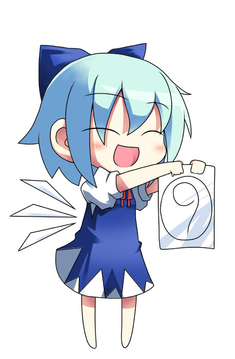 hebereke black, cirno, phantasmagoria of flower view, touhou, bad id, bad pixiv id, 1girl, :d, barefoot, chibi, circled 9, closed eyes, female focus, happy, holding, holding paper, open mouth, paper, smile, solo, wings
