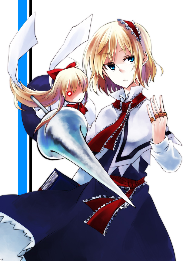 tadano kagekichi, alice margatroid, shanghai doll, touhou, 1girl, blonde hair, blue eyes, book, doll, female focus, hairband, lance, long hair, polearm, short hair, solo, weapon
