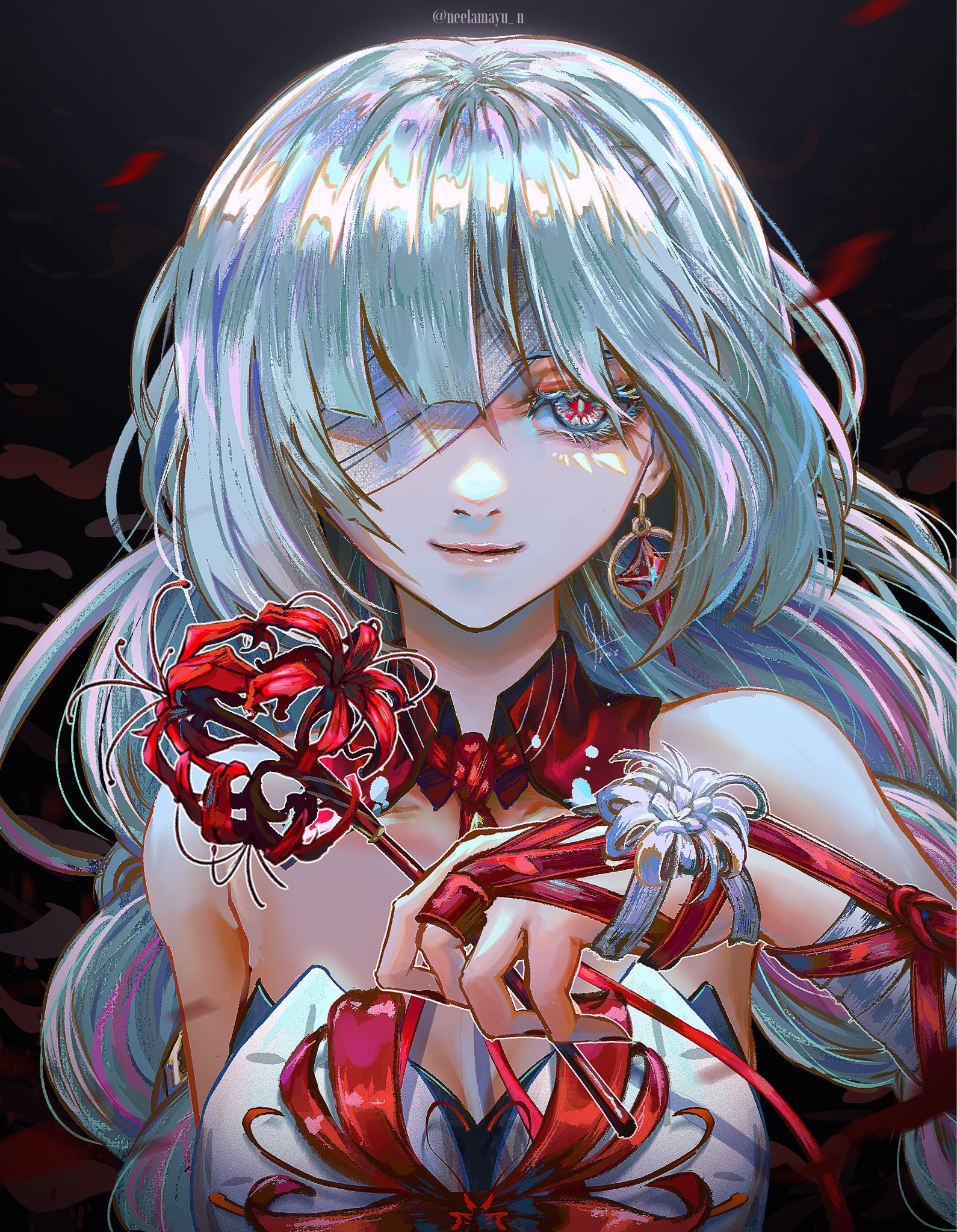 izzycrownart, phrolova (wuthering waves), wuthering waves, commentary, highres, 1girl, bandage over one eye, bare shoulders, breasts, closed mouth, earrings, flower, grey eyes, grey hair, holding, holding flower, jewelry, long hair, looking at viewer, medium breasts, multicolored hair, smile, solo, spider lily, streaked hair, twitter username, upper body