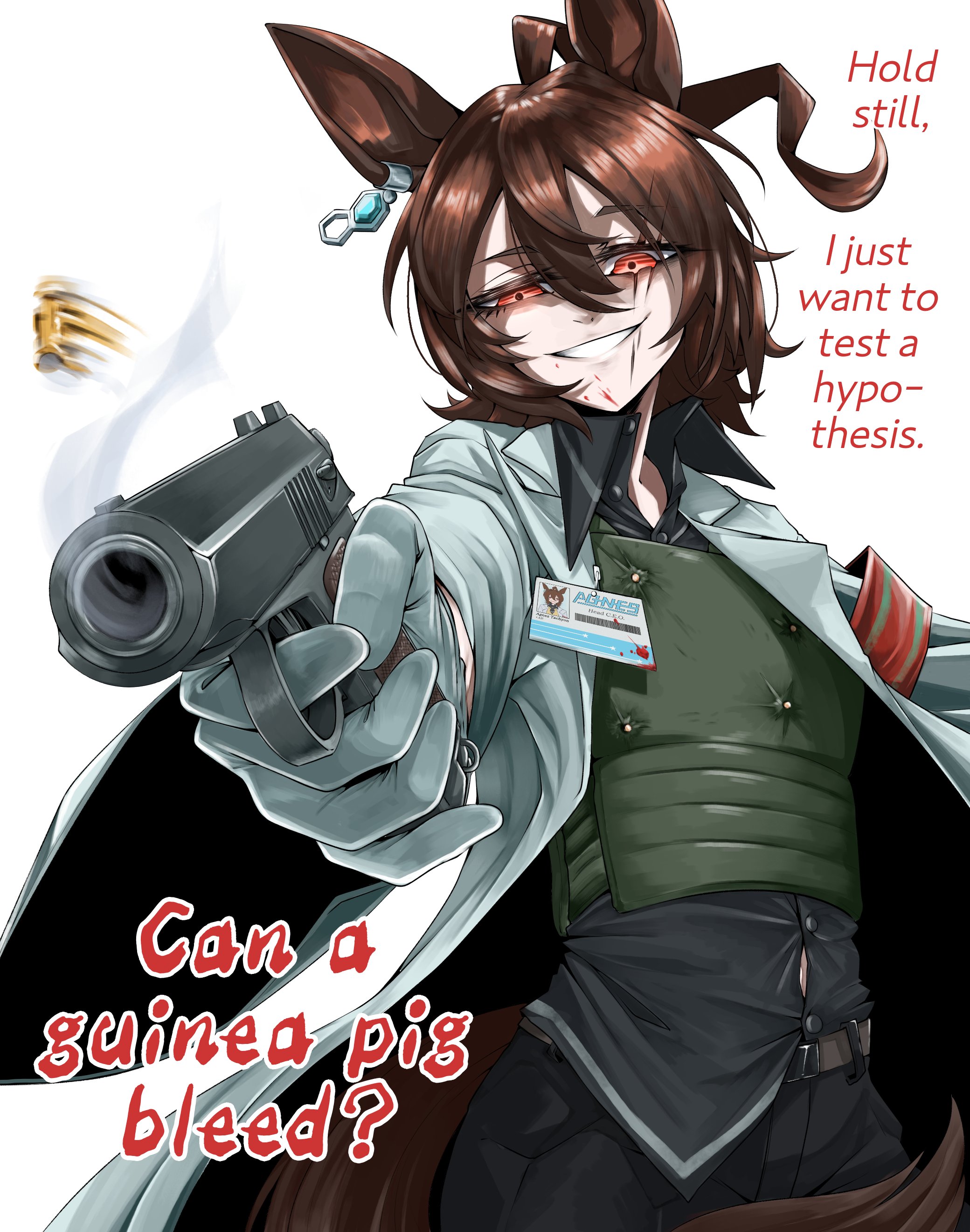 agnes tachyon (umamusume), umamusume, absurdres, highres, 1girl, ahoge, animal ears, armband, belt, black pants, blood, brown hair, bullet, bulletproof vest, chemical structure, collared shirt, docileart, earrings, english text, evil grin, evil smile, gloves, green vest, grey shirt, grin, gun, hair between eyes, handgun, holding, holding gun, holding weapon, horse ears, horse girl, horse tail, id card, jewelry, lab coat, long sleeves, looking at viewer, medium hair, pants, red eyes, scratches, shirt, single earring, smile, solo, tail, vest, weapon, white gloves