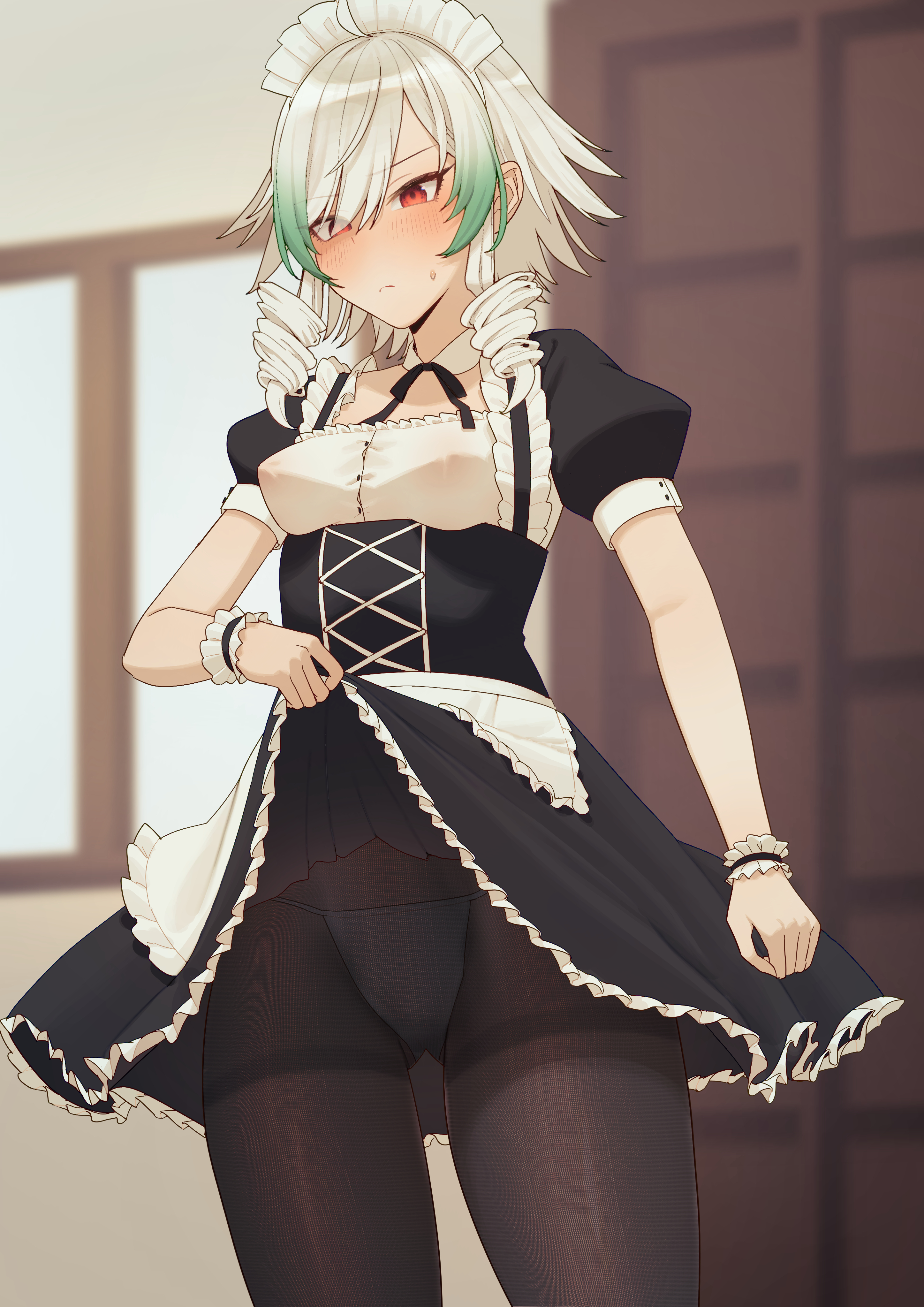 munyupope, sky striker ace – camellia, yu-gi-oh!, absurdres, commentary request, highres, 1girl, alternate costume, apron, black pantyhose, breasts, clothes lift, covered erect nipples, drill hair, duel monster, enmaided, green hair, grey hair, maid, maid apron, maid headdress, multicolored hair, pantyhose, red eyes, short sleeves, skirt, skirt lift, wrist cuffs