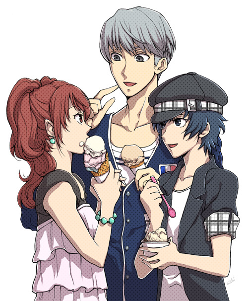 4ro, kujikawa rise, narukami yu, shirogane naoto, atlus, persona, persona 4, bad id, bad pixiv id, 1boy, 2girls, androgynous, blue eyes, blue hair, food, grey hair, hat, ice cream, multiple girls, newsboy cap, pimp, red hair, short hair, simple background