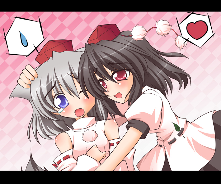 geo (yukishitadou), inubashiri momiji, shameimaru aya, touhou, silver hair, 2girls, black hair, blue eyes, detached sleeves, female focus, hat, heart, multiple girls, red eyes, sweatdrop, tokin hat
