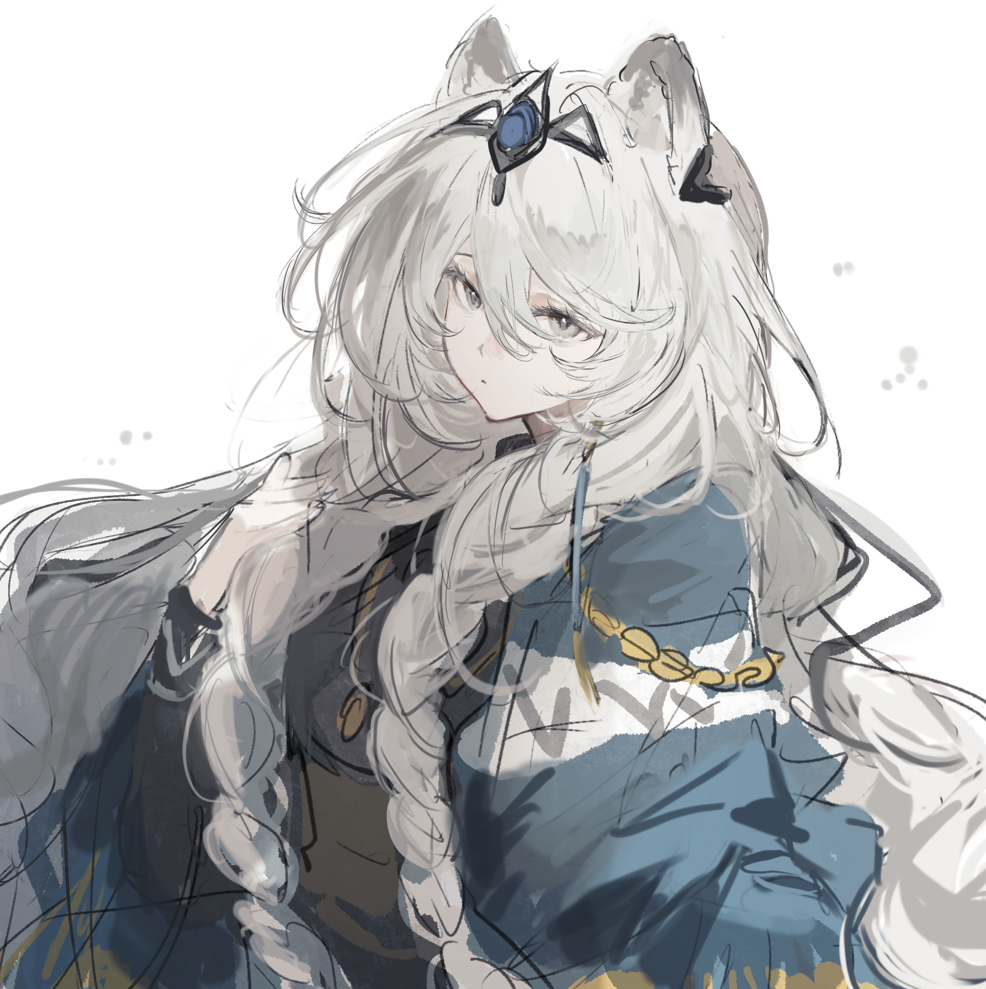 wanglian bei pian 500, pramanix (arknights), pramanix the prerita (arknights), arknights, highres, 1girl, braid, grey hair, hand up, long hair, long sleeves, looking at viewer, official alternate costume, simple background, snow leopard ears, snow leopard girl, solo, tiara, twin braids, upper body, white background