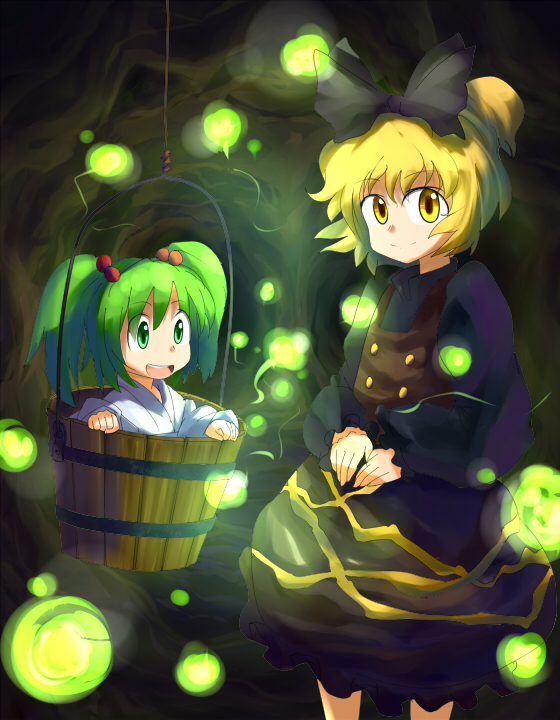 nanban teishoku, kisume, kurodani yamame, touhou, bad id, bad pixiv id, 2girls, blonde hair, bucket, female focus, green eyes, green hair, in bucket, in container, multiple girls, yellow eyes