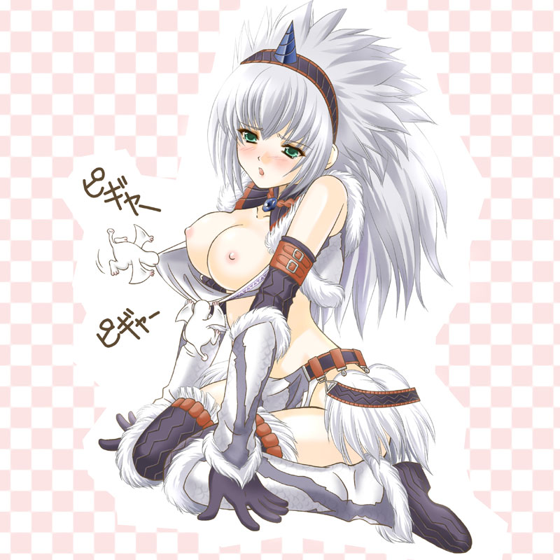 riolabo, khezu, capcom, monster hunter (series), bad id, bad pixiv id, 1girl, armor, blush, breasts, cleavage, female focus, gloves, green eyes, hairband, horns, kirin (armor), kneeling, large breasts, long hair, nipples, single horn, solo, thighhighs, white hair