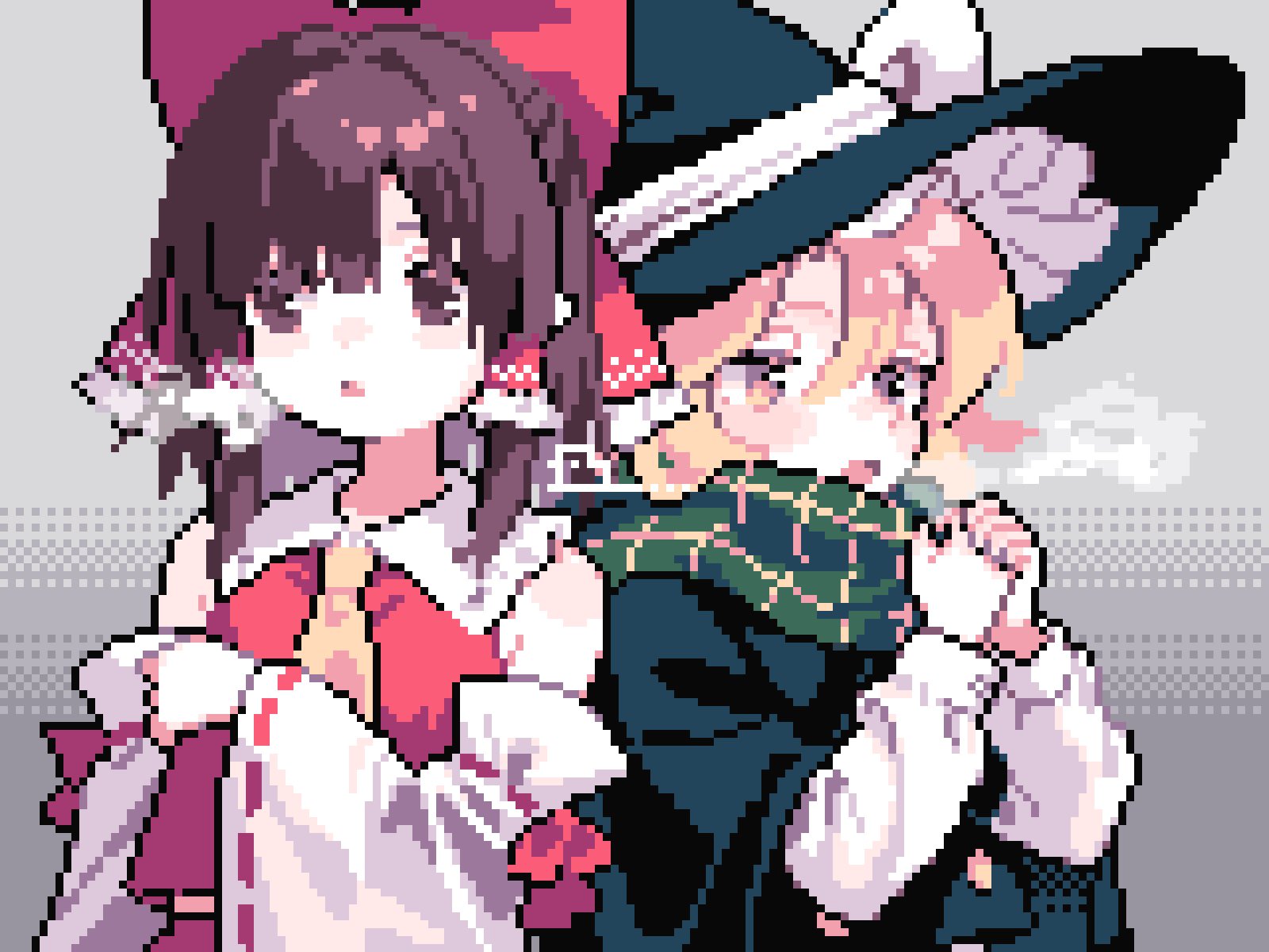 ahiru tokotoko, hakurei reimu, kirisame marisa, touhou, commentary request, highres, 2girls, black hat, black shirt, blonde hair, bow, brown eyes, brown hair, green scarf, grey background, hair between eyes, hair ribbon, hat, hat bow, long sleeves, multiple girls, necktie, open mouth, pixel art, red ribbon, red shirt, ribbon, scarf, shirt, short hair, white bow, yellow eyes, yellow necktie