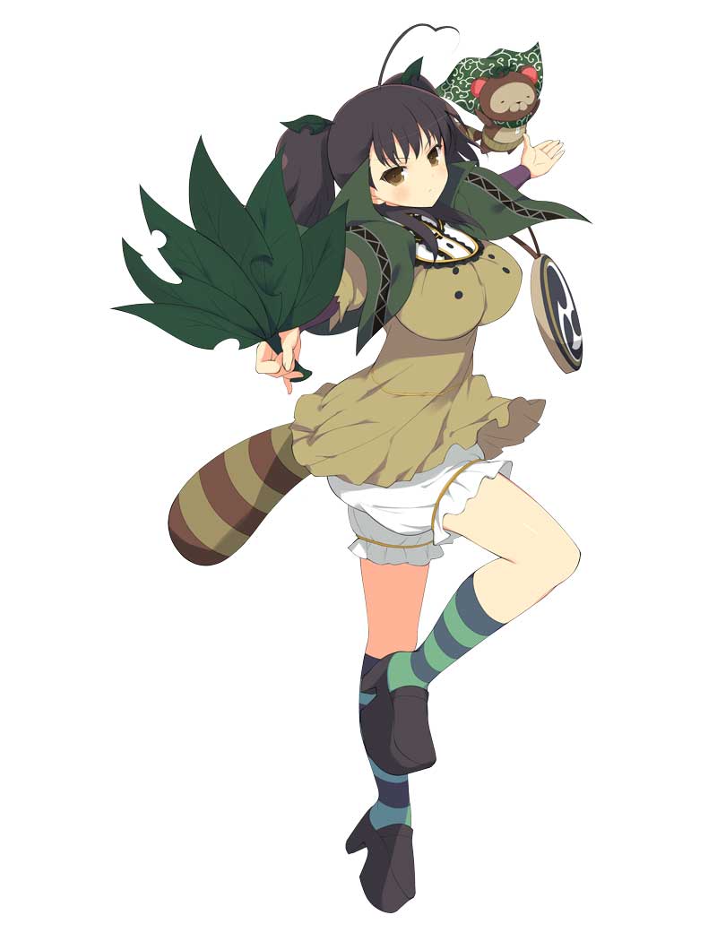 yaegashi nan, misato (senran kagura), pontarou (senran kagura), senran kagura, senran kagura new wave, official art, 1girl, animal, arms up, bloomers, blue socks, breasts, brown hair, brown shirt, cape, capelet, card (medium), character name, dress, emblem, green capelet, green socks, hand fan, holding, holding fan, large breasts, leaf, leaf fan, mitsudomoe (shape), raccoon, raccoon girl, raccoon tail, shirt, short twintails, simple background, socks, solo, striped clothes, striped socks, tail, tomoe (symbol), twintails, two-tone socks, underwear, white background, yellow eyes