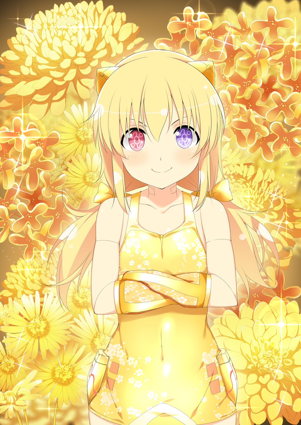 yaegashi nan, muramasa (senran kagura), senran kagura, senran kagura new wave, highres, official art, >:), 1girl, android, armband, armpit crease, blonde hair, blue eyes, blush, bow, chrysanthemum, collarbone, covered navel, crossed arms, dahlia, daisy (flower), doll joints, flat chest, floral background, floral print one-piece swimsuit, flower, gold bow, gold flower, gold one-piece swimsuit, gold osmanthus, hair bow, heterochromia, horns, joints, lens flare, light particles, long hair, looking at viewer, low twintails, one-piece swimsuit, orange flower, osmanthus, red eyes, robot girl, robot joints, smile, solo, sparkle, swimsuit, symbol-shaped pupils, twintails, v-shaped eyebrows, yellow flower, yellow theme