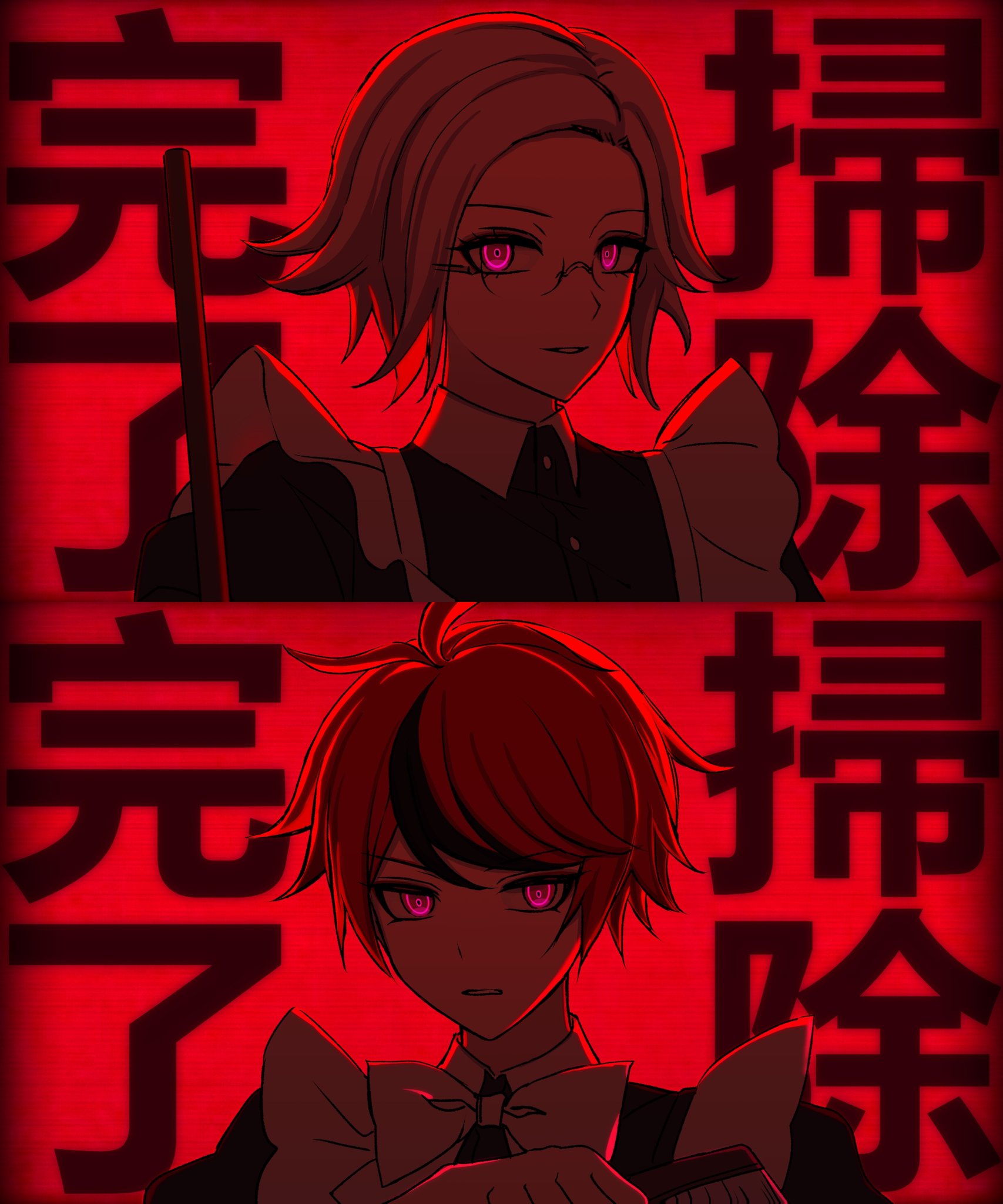 aotsuki eito, sumino takumi, the hundred line -last defense academy-, commentary request, highres, 2boys, ahoge, alternate costume, apron, black dress, black streaks, bow, chnshnwng157927, crossdressing, crossdressing (mtf), dress, enmaided, frills, glasses, grey hair, looking at viewer, maid, male focus, male maid, multicolored hair, multiple boys, official alternate eye color, parted lips, red background, red eyes, red hair, short hair, split screen, streaked hair, white apron, white bow