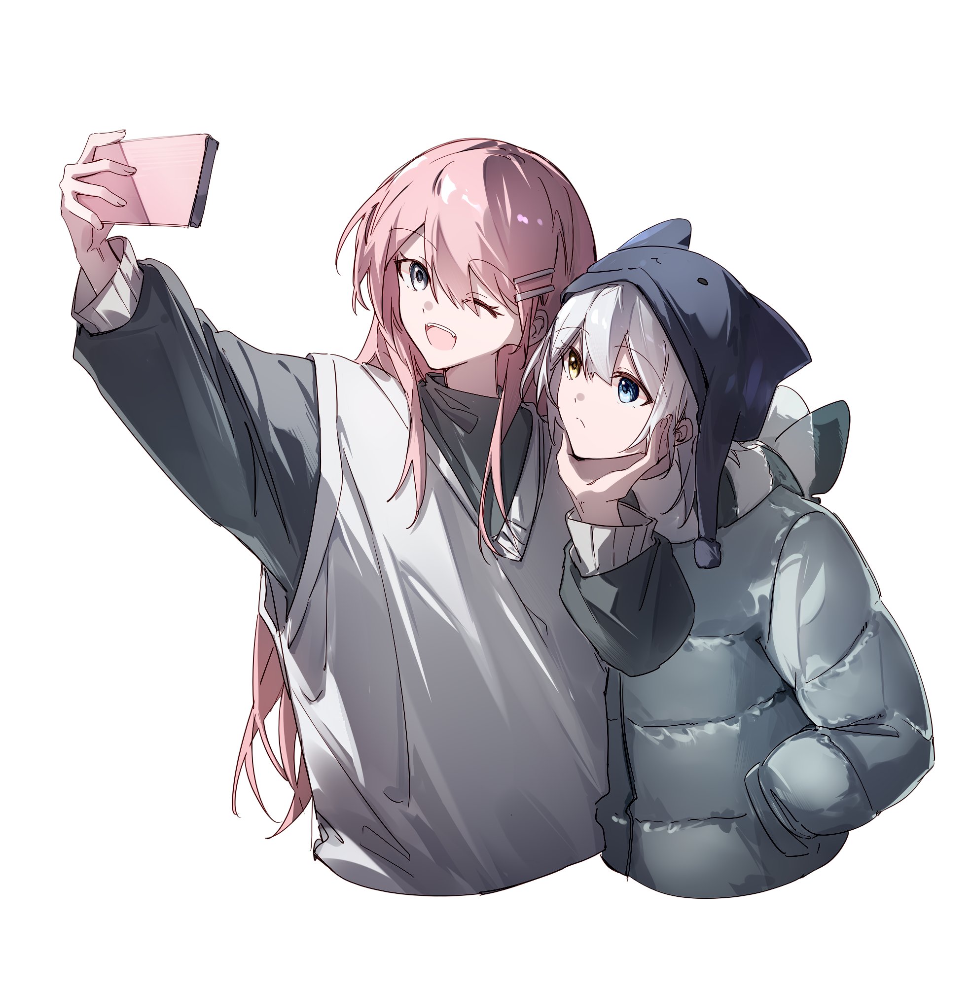 hibioes, chihaya anon, kaname raana, bang dream!, bang dream! it's mygo!!!!!, highres, 2girls, beanie, black hat, blue eyes, cellphone, grey jacket, hair between eyes, hair ornament, hairclip, hand on another's chin, hands in pockets, hat, heterochromia, jacket, long sleeves, multiple girls, one eye closed, parallel hairclips, phone, pink hair, raana the cat, selfie, short hair, simple background, smartphone, sweater vest, teeth, upper teeth only, white background, white hair, white sweater vest, yellow eyes