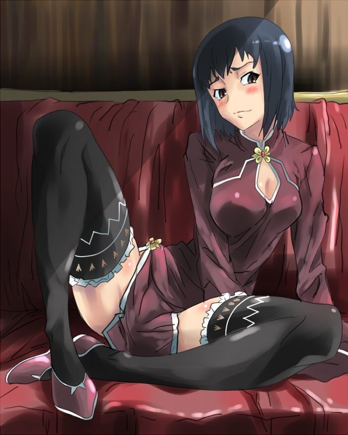 mas (5734ghji), liang qi, 428, 428: fuusa sareta shibuya de, canaan (series), chunsoft, 1girl, black eyes, black hair, black thighhighs, blush, china dress, chinese clothes, cleavage cutout, clothing cutout, dress, female focus, long sleeves, short hair, sitting, solo, thighhighs