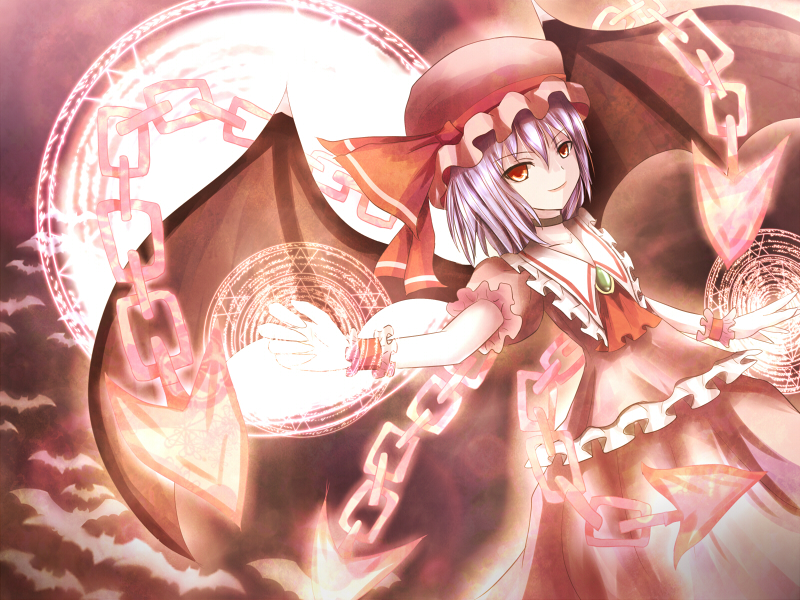 non (nobu), remilia scarlet, touhou, 1girl, blue hair, chain, female focus, hat, magic circle, red eyes, solo, wings