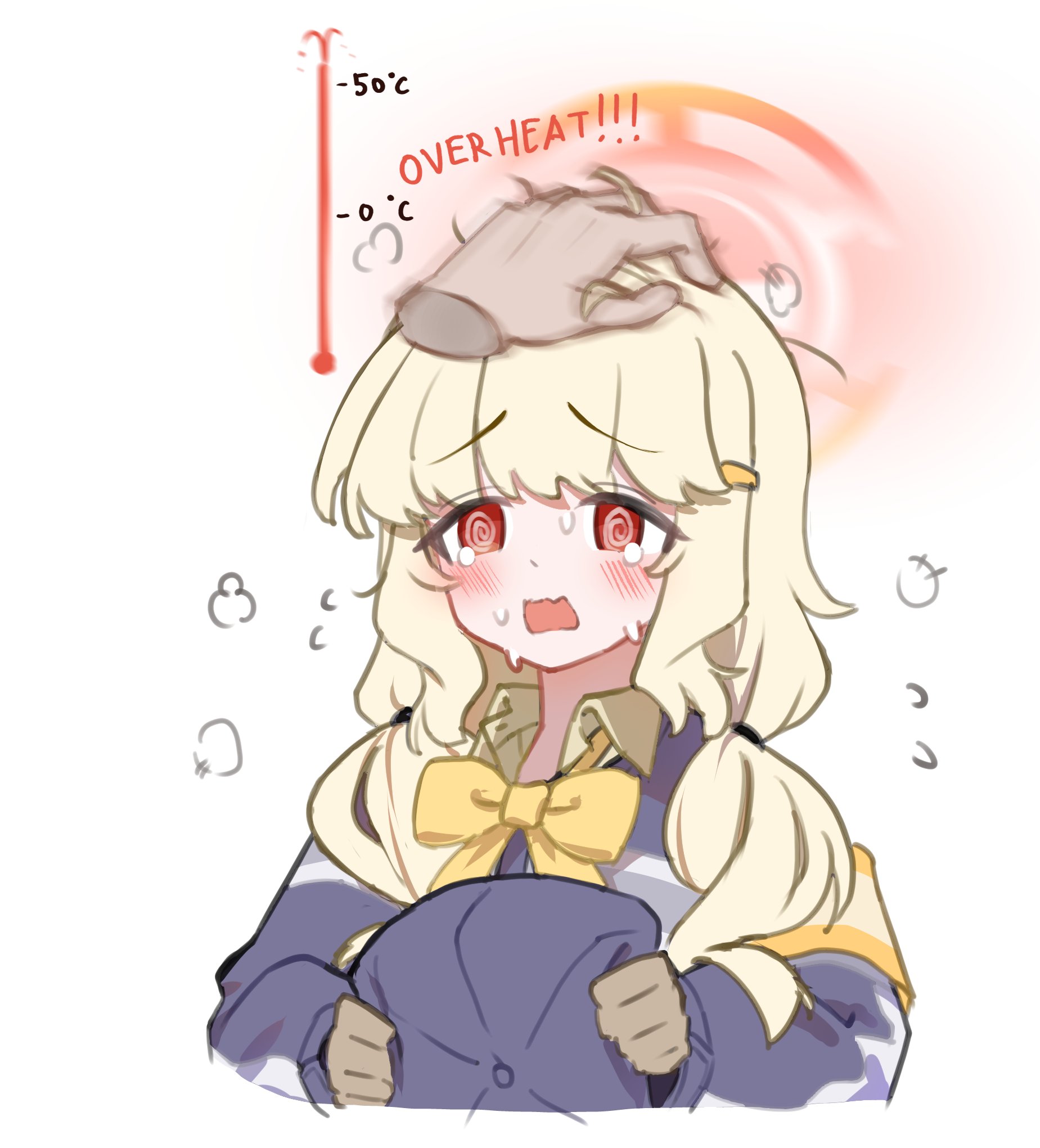 aoba (blue archive), blue archive, fluffy hair, commentary request, highres, 1girl, @ @, armband, blonde hair, blue hat, blue jacket, blush, bow, bowtie, brown gloves, caffeinesonsari, collared shirt, disembodied hand, embarrassed, english text, gloves, grey shirt, halo, hat, holding, holding unworn clothes, holding unworn hat, jacket, long hair, long sleeves, looking at viewer, low twintails, newsboy cap, open mouth, orange armband, orange halo, peaked cap, petting, red eyes, shirt, solo focus, sweatdrop, tearing up, twintails, unworn hat, unworn headwear, white background, yellow armband, yellow bow, yellow bowtie