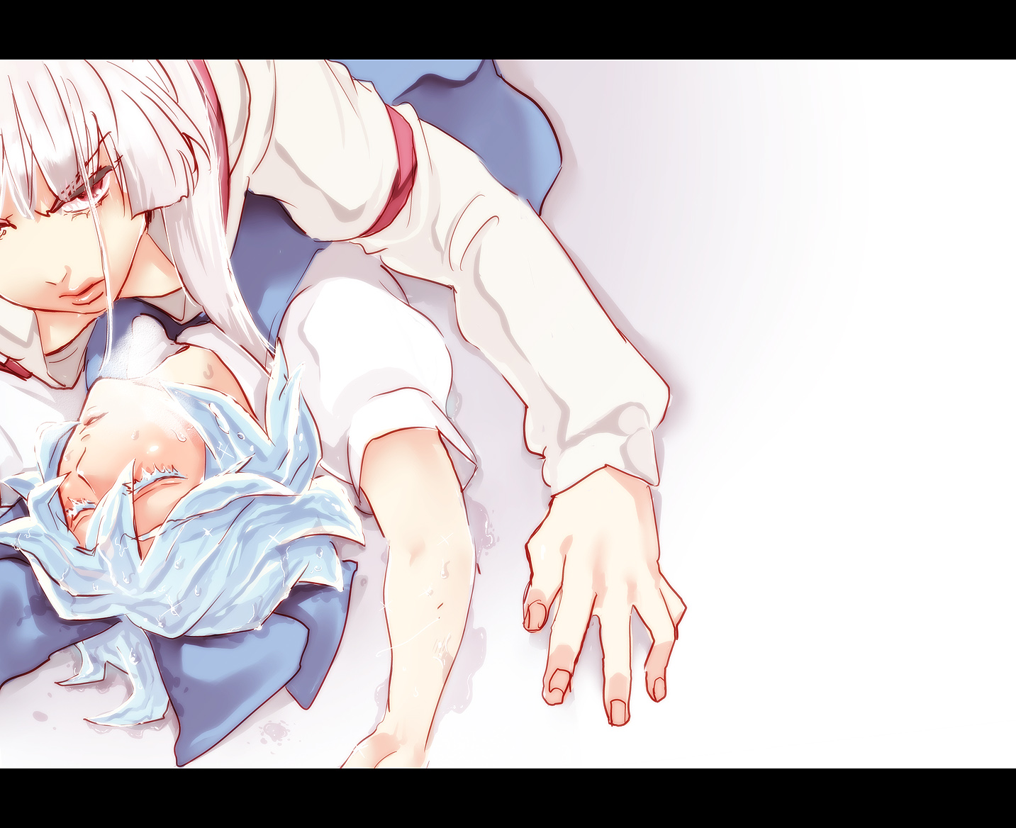 yumiya, cirno, fujiwara no mokou, touhou, silver hair, 2girls, blue hair, bow, ice, letterboxed, lips, long hair, multiple girls, red eyes, short hair, suspenders, wet, yuri