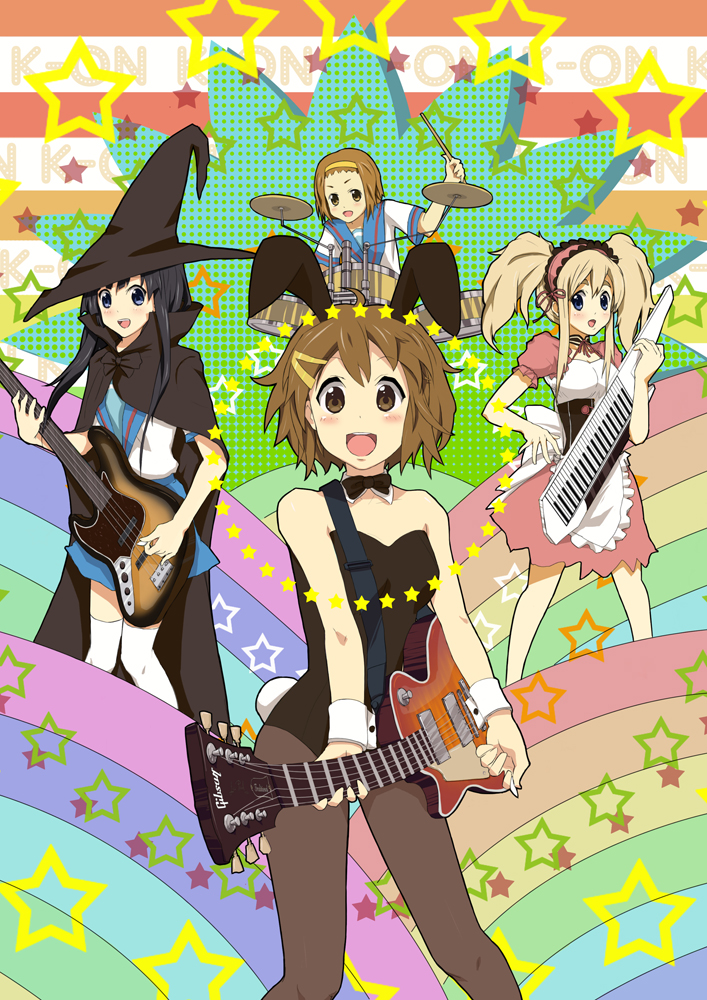 haoyuan, akiyama mio, asahina mikuru, hirasawa yui, kotobuki tsumugi, nagato yuki, suzumiya haruhi, tainaka ritsu, k-on!, suzumiya haruhi no yuuutsu, 4girls, animal ears, asahina mikuru (cosplay), black eyes, black hair, blonde hair, blue eyes, brown eyes, brown hair, cagayake! girls pose, cape, cosplay, drum, drum set, electric guitar, fake animal ears, foreshortening, gibson les paul, guitar, hat, instrument, keytar, long hair, multiple girls, nagato yuki (cosplay), pantyhose, playboy bunny, rabbit ears, school uniform, serafuku, short hair, star (symbol), suzumiya haruhi (cosplay), synthesizer, thighhighs, waitress, witch hat